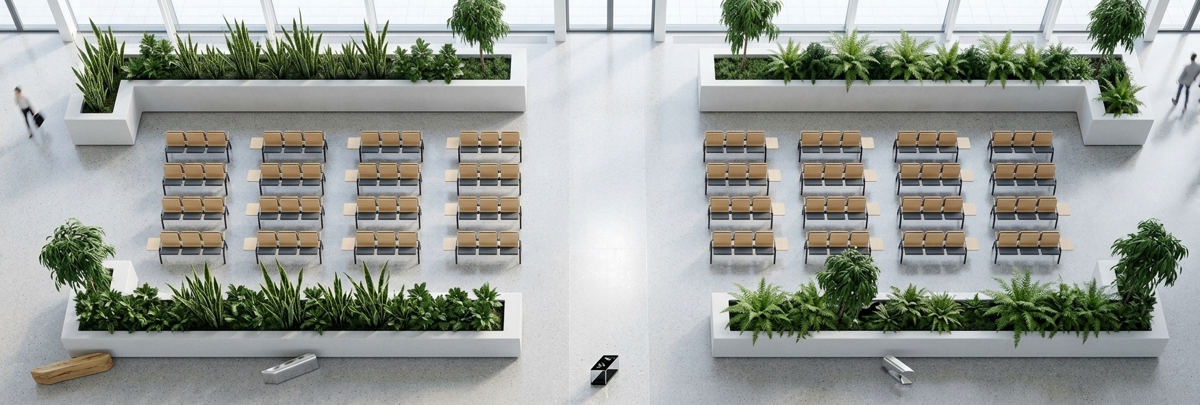 An incredibly lifelike, richly detailed, photorealistic high-angle perspective photograph of an expansive open-plan waiting lounge set in a Scandinavian-inspired modern transit terminal. The scene is illuminated by clear, bright midday winter sunlight filtering softly through expansive overhead skylights and floor-to-ceiling glass facades, creating a calm, airy, and rejuvenating atmosphere reminiscent of an upscale hotel lobby. Captured with a high-resolution wide-angle tilt-shift lens, emphasizing the matte texture of the seamless non-slip light-gray honed terrazzo flooring and the warm organic elements. Flanking the expansive seating halls are sleek, white architectural planter walls brimming with lush, verdant indoor flora, including tall sansevieria, sculptural weeping figs, and delicate ferns. Arranged in disciplined, pristine grids across both wings are rows of minimalist waiting benches crafted from light blonde oak, slate-gray high-durability textiles, and slim matte-black steel legs, separated by a generous, gleaming central walkway that guides passenger flow through this tranquil Nordic sanctuary.