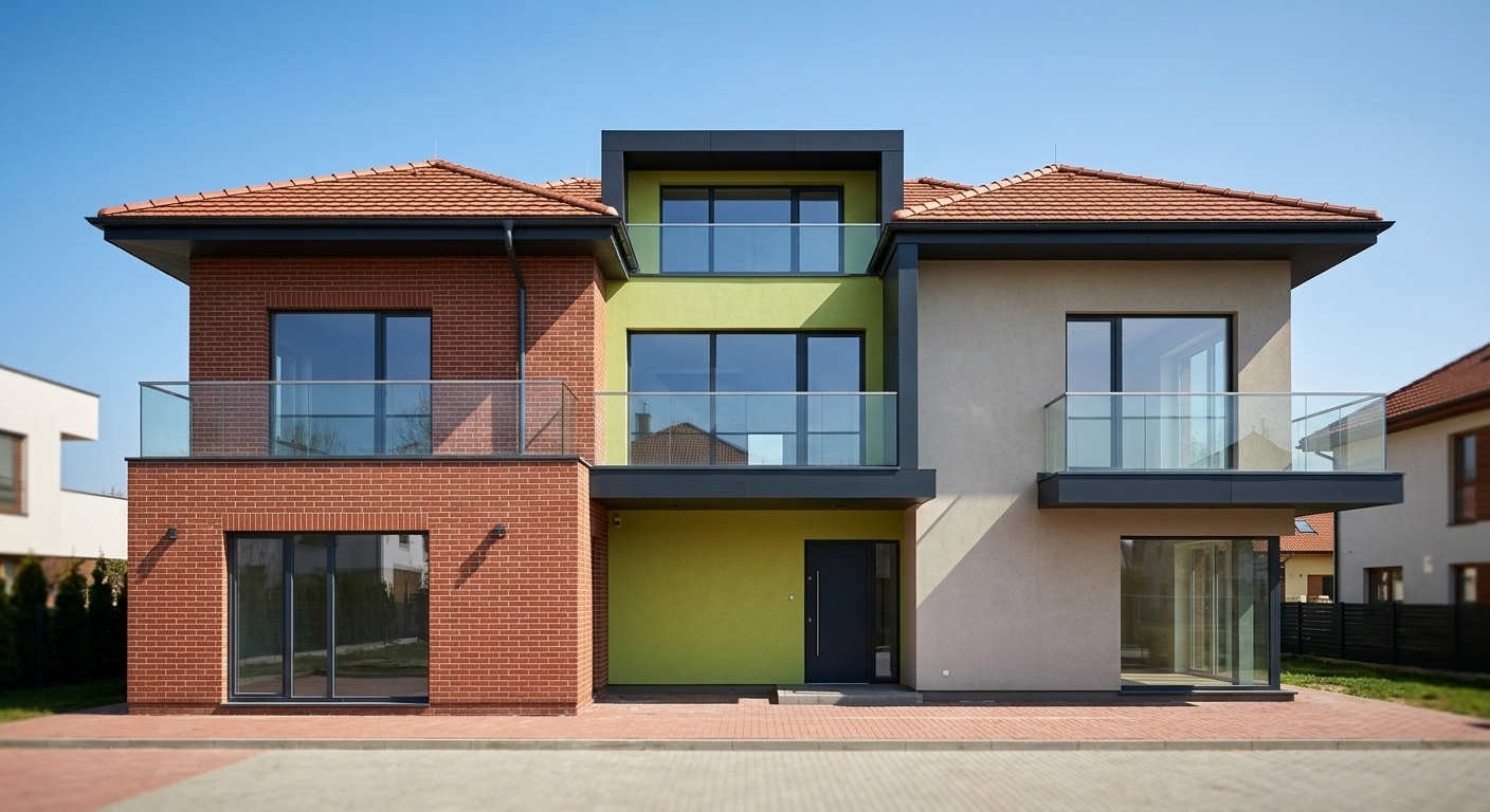 A crisp architectural photograph of the multi-story modern residence taken during a clear, bright spring midday under high natural sunlight casting defined, realistic shadows. The exact geometry, layout, and composition are strictly preserved, rendering the red brick, lime-green and neutral stucco, dark architectural accents, terracotta roof tiles, and pavement with authentic physical micro-textures and subtle weathering. The expansive glass windows and balcony railings show realistic specular reflections and natural transparency. Captured with a professional tilt-shift architectural lens, balanced daylight color temperature, accurate material physics, sharp focal depth, and faint, natural optical vignetting.