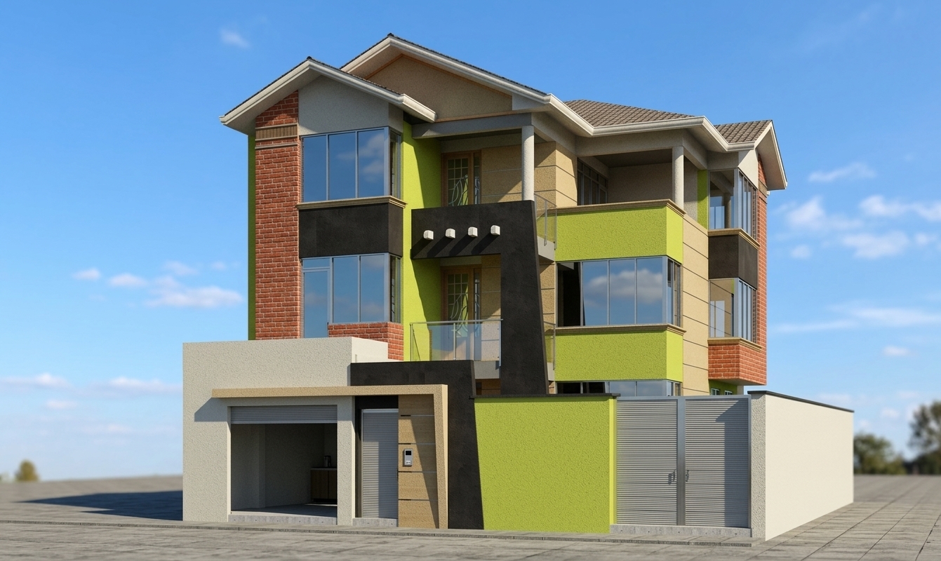 A crisp architectural photograph of this modern multi-story residence captured under direct summer midday sunlight, strictly preserving the exact geometry, perspective, and composition. The overhead sun casts clean, defined shadows downward, illuminating tactile red brick masonry, fine-textured matte lime-green and beige stucco, and smooth charcoal structural accents. The glass windows and railings display realistic sky reflections and subtle transparency, while the metal gate and paved ground feature authentic surface wear and micro-textures. Shot with a professional tilt-shift lens in natural daylight, producing sharp architectural details, balanced contrast, and true-to-life materiality.