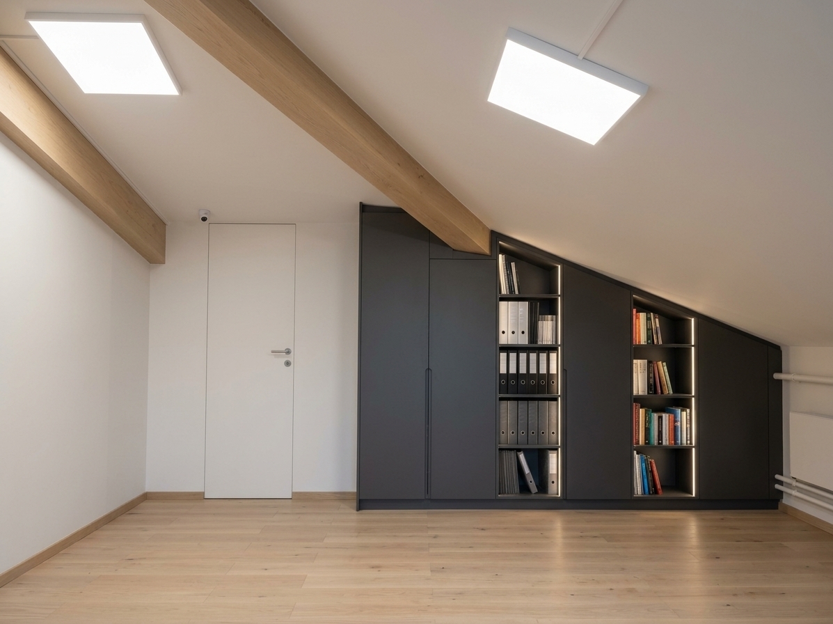 An incredibly lifelike, richly detailed, photorealistic wide-angle interior shot of a sleek home office set in a minimalist slanted-ceiling attic room. The scene is illuminated by refined, soft-diffused modern ceiling panels and warm integrated LED cabinet lighting, creating a serene, highly productive, and focused atmosphere. Captured with a 24mm architectural lens, emphasizing crisp joinery, smooth matte wall textures, and the natural grain of the light oak flooring. 

All previous clutter, makeshift tables, and chairs have been cleared, leaving the original muted grey walls and natural light wood floors pristine and unified. Dominating the right side of the space, extending seamlessly from the flush-mounted door toward the low horizontal radiator pipe, stands a tall, custom-built modern fusion document cabinet. Perfectly contoured to the room's sloping roofline, this multifunctional storage unit combines elegant full-height hinged doors in a soft-touch matte finish with organized vertical shelving for files and books, perfectly balancing sleek modern aesthetics with practical everyday workspace functionality.