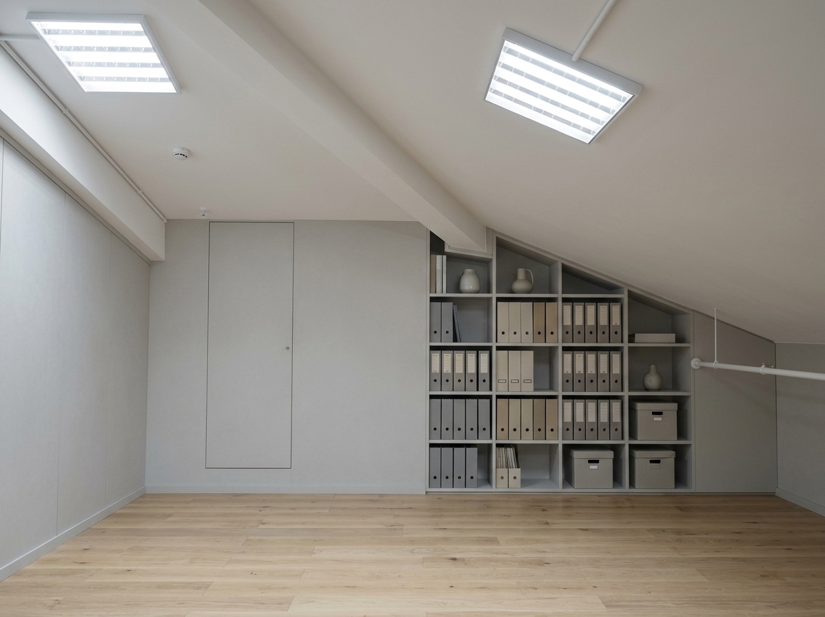 An incredibly lifelike, richly detailed, photorealistic wide-angle interior shot of a minimalist study room set in an attic workspace with a sloping ceiling. The scene is illuminated by modern, flush-mounted diffused LED ceiling panels providing crisp, even daylight-balanced light, creating a focused, clutter-free, and serene atmosphere. Captured with a 24mm tilt-shift lens at f/8, emphasizing the smooth matte texture of the original light gray paneled walls and the subtle grain of the light natural oak floor planks. All clutter, folding tables, chairs, and cardboard boxes have been cleared, transforming the space into an uncluttered haven without windows. To the right of the flush-set utility door, extending continuously along the wall up to the horizontal white conduit pipe, sits a sleek, tall document storage unit and open shelving system. Custom-fitted to match the slope of the ceiling, this floor-to-ceiling shelving features clean vertical partitions filled with uniformly styled document binders, minimalist archive boxes, and occasional understated decorative ceramics, maximizing spatial efficiency while preserving an open, tranquil, and architecturally refined environment.