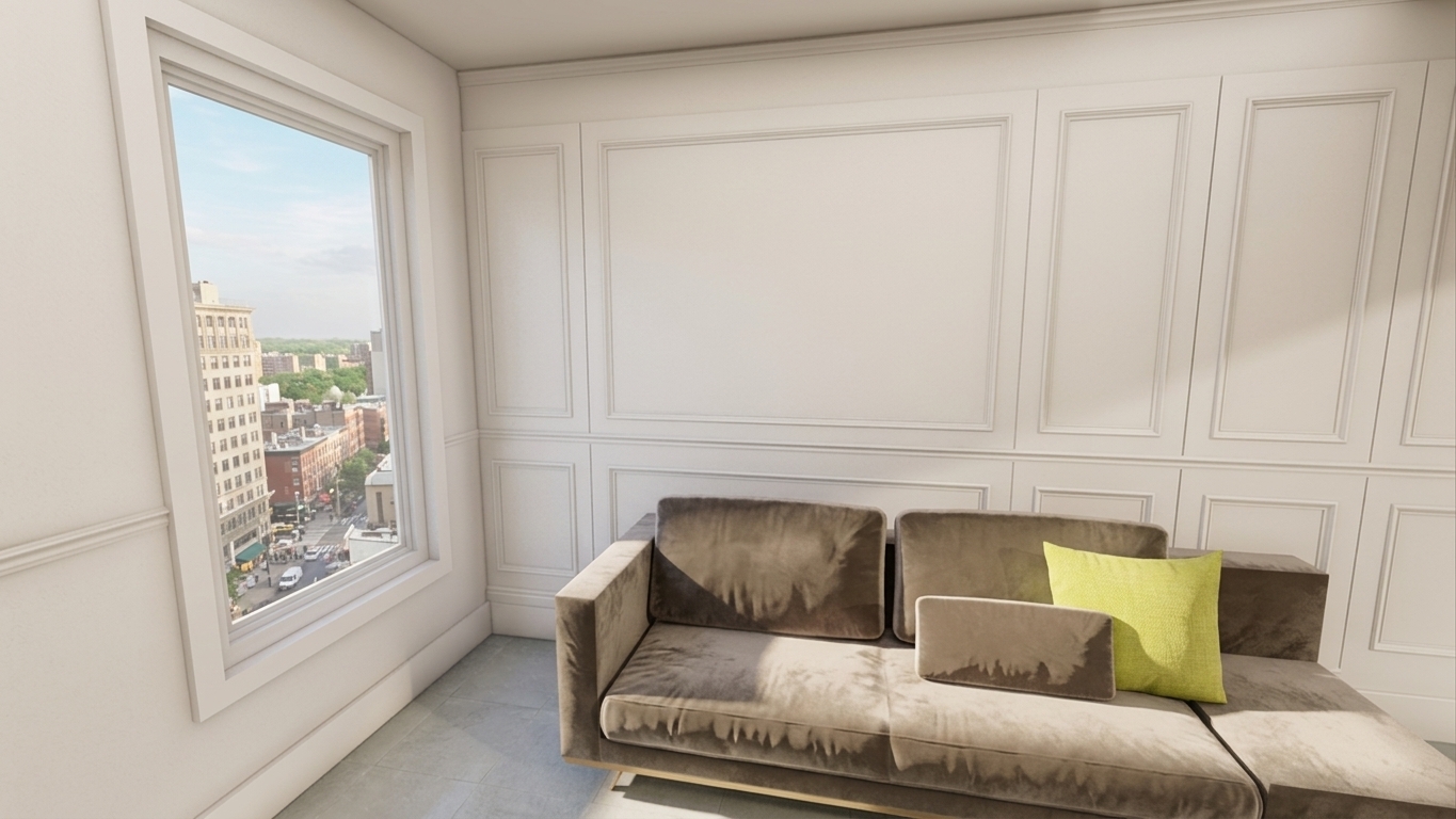 A photorealistic interior photograph preserving the exact composition, perspective, and layout, bathed in soft, natural daylight entering from the left window. Through the glass, a realistic daytime city skyline with distant urban buildings is visible outside. The classic white paneled walls feature a subtle eggshell sheen with gentle light falloff, while the taupe fabric sofa displays authentic woven micro-textures, natural soft creases, and accurate diffuse shadowing alongside the vibrant chartreuse cushion. Captured with a wide-angle lens, true-to-life architectural interior lighting, crisp material physics on the tiled floor, and subtle, natural photographic grain.