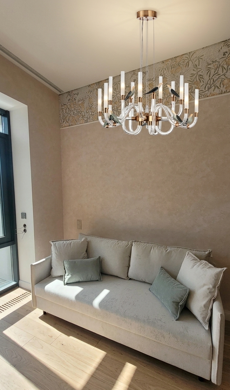 A photorealistic interior photograph captured during a bright spring midday, maintaining the exact room layout, camera perspective, and composition. Crisp, warm natural daylight streams through the left window, casting sharp angled sun patches across the light upholstered sofa, throw pillows, and the crinkled plastic drop cloth on the floor. The glass and brass bird chandelier is seamlessly mounted to the ceiling, rendered with authentic glass refractions, brass highlights, and soft ceiling shadows. The textured beige plaster wall and decorative wallpaper frieze exhibit fine tactile detail under balanced architectural lighting, captured cleanly with subtle depth of field.