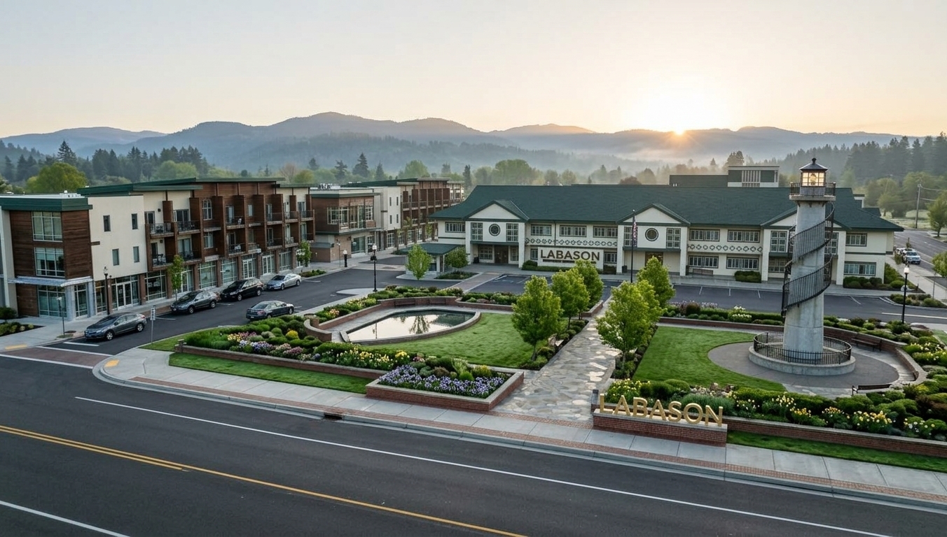 An incredibly lifelike, richly detailed, photorealistic wide-angle architectural shot of the Labason Municipal Civic Center and modern commercial strip set in an idyllic mountain escape during a fresh spring morning. The scene is illuminated by the soft, warm glow of an early sunrise breaking over distant misty peaks, casting long, gentle shadows and creating an inviting, serene atmosphere. Captured with a high-resolution full-frame camera and a 24mm tilt-shift lens, emphasizing the intricate textures of dew-kissed emerald lawns, richly layered spring flowerbeds, authentic leafy trees lining the walkways, and crisp architectural finishes ranging from dark green roofing tiles to gleaming glass storefronts. In the foreground, a beautifully landscaped outdoor garden plaza unfolds with polished flagstone paths, a central reflective water feature, and a gleaming golden "LABASON" welcome sign, while realistically rendered vehicles rest along the fresh asphalt road, all set against a breathtaking backdrop of forested rolling mountains beneath a pale dawn sky.
