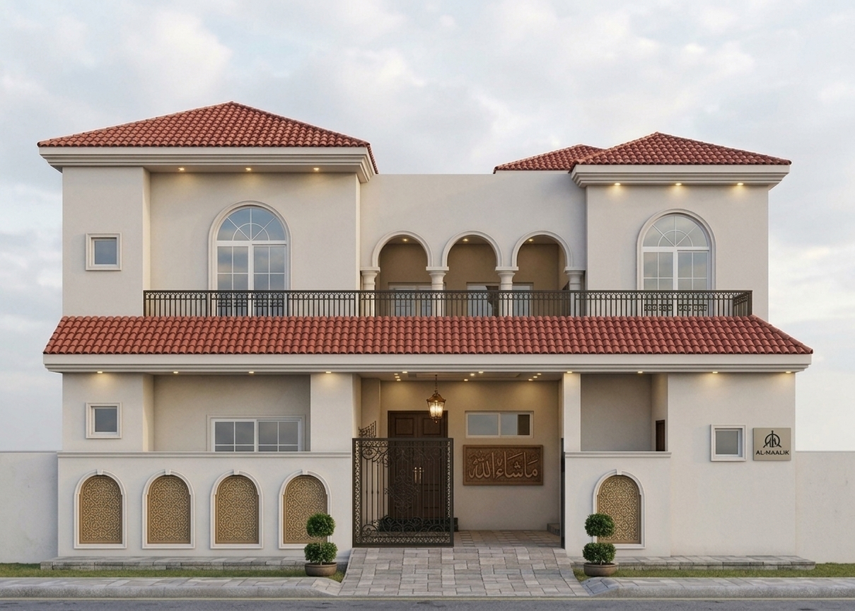 An architectural photograph of the two-story Mediterranean-style residence, maintaining its exact composition and perspective. The exterior walls feature a seamless, monolithic warm beige painted finish with subtle plaster micro-texture, completely eliminating all horizontal and vertical groove lines. The terracotta roof tiles show tactile matte earthen textures, while the arched windows reflect soft daylight from an overcast sky. Natural ambient illumination is balanced with the warm evening glow from the recessed soffit lights and central hanging lantern, captured with sharp architectural focus, balanced exposure, faint lens vignetting, and authentic surface imperfections throughout.