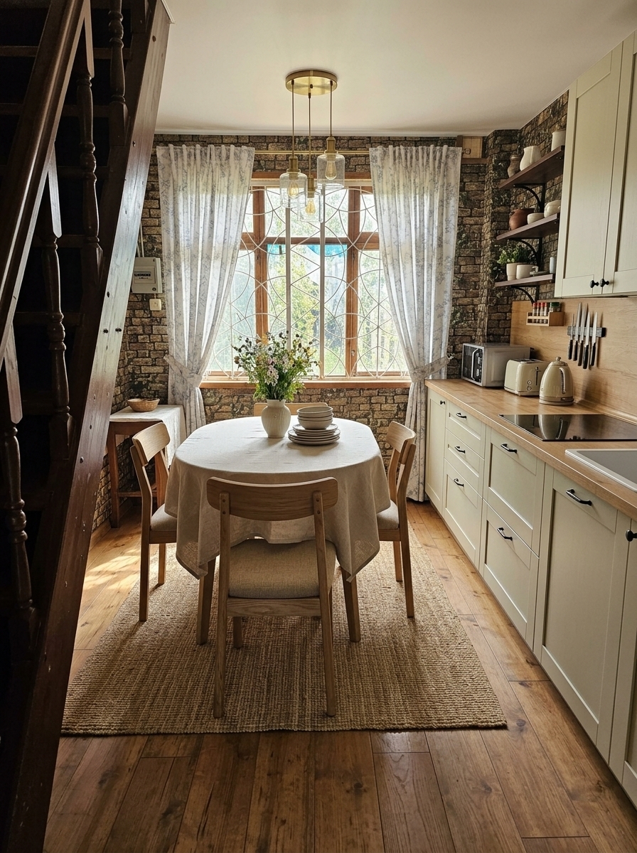 Renovate this rustic village kitchen to look cozy, tidy, and modern-cottage style. Keep the dining table in the center and the microwave on the right counter, and preserve the faux-stone patterned wallpaper on the walls. Replace the old, cluttered kitchen cabinets on the right with a clean, new wooden kitchen set with sleek modern-rustic cabinetry and neat countertops. Replace the worn flooring and rug with warm hardwood or clean linoleum. Remove the clutter, black amplifier, plastic water jugs, mismatched chairs, and messy table coverings. Add comfortable, matching wooden dining chairs around the table, a clean neutral tablecloth, fresh elegant window curtains, and warm natural lighting throughout.