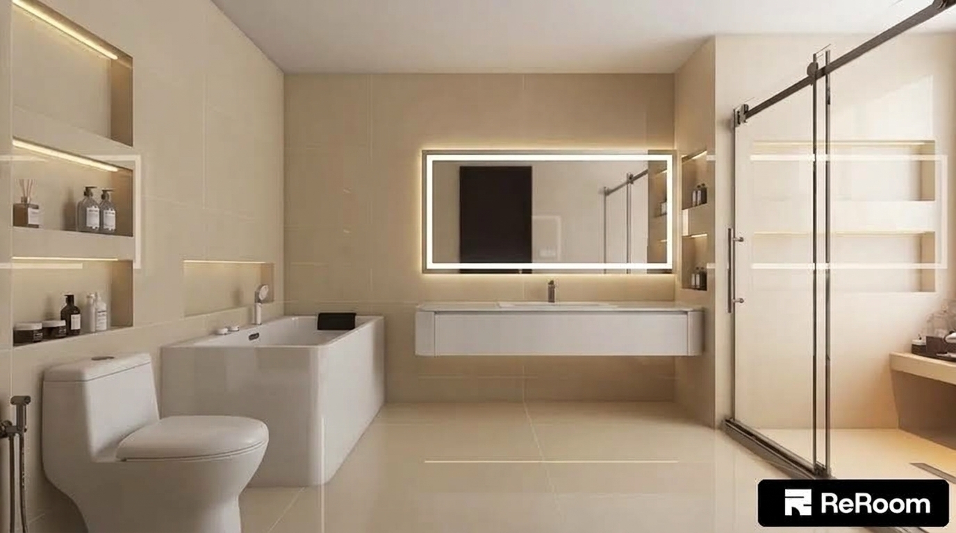 Remove both electrical wall sockets located directly below the illuminated LED mirror, seamlessly blending the area with the surrounding beige wall tiles.