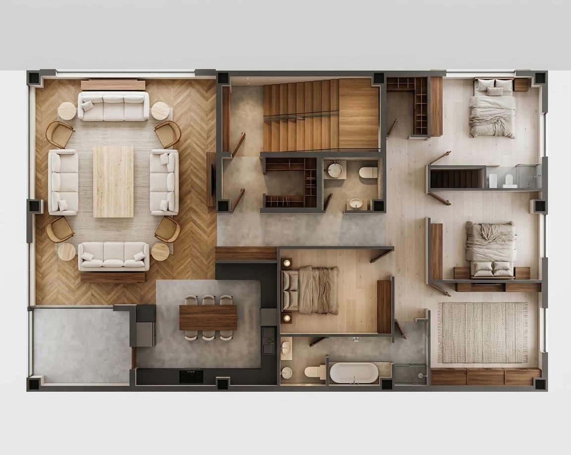 An incredibly lifelike, richly detailed, photorealistic top-down architectural photograph of an expansive modern fusion apartment layout set in an elegant contemporary residence. The scene is illuminated by soft, natural sunlight spilling from imagined exterior windows paired with warm, discreet ambient lighting, creating an inviting, sophisticated, and vibrant atmosphere. Captured with a high-resolution medium-format overhead camera, emphasizing tactile floor materials, realistic contact shadows, and three-dimensional spatial depth. 

The living room commands the left wing with exquisite European herringbone white-oak flooring, anchoring a symmetrical arrangement of plush, off-white linen sofas, intricately woven cane-back armchairs, and a honed travertine coffee table. Moving into the open-concept kitchen and dining area, the flooring transitions seamlessly into polished light-gray microcement accented by matte-charcoal countertops and a warm walnut dining ensemble. In the private quarters on the right, pale wide-plank wood floors and chunky textured wool rugs soften the bedrooms, where beds are dressed in rumpled, high-thread-count neutral linens. Subtle, crisp ambient drop shadows cast along the partition walls and floating wooden staircase treads give the entire cutaway design tangible depth, breathing tactile realism and designer warmth into the entire home.