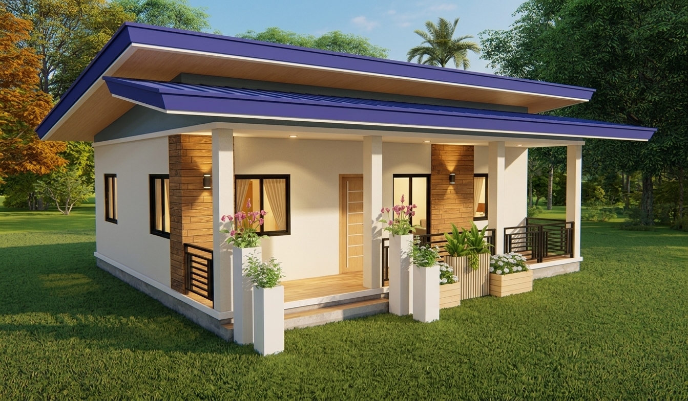 A crisp architectural photograph captures the bungalow bathed in natural afternoon light, featuring warm recessed ceiling lights glowing from the exterior porch soffits and interior rooms, complemented by subtle modern sconces mounted on the timber-clad wall sections. The roof displays authentic pre-painted blue rib-type metal sheeting with seamless matching blue gutters, while all windows feature reflective sliding glass set in matte analok bronze aluminum frames, and the entryways are fitted with rich hardwood panel doors. The surrounding lawn is detailed with realistic, organic grass blades and manicured garden greenery within the planters, grounded by soft sun shadows, sharp textural depth across the painted stucco and wood surfaces, and a balanced exposure shot on a professional tilt-shift lens.