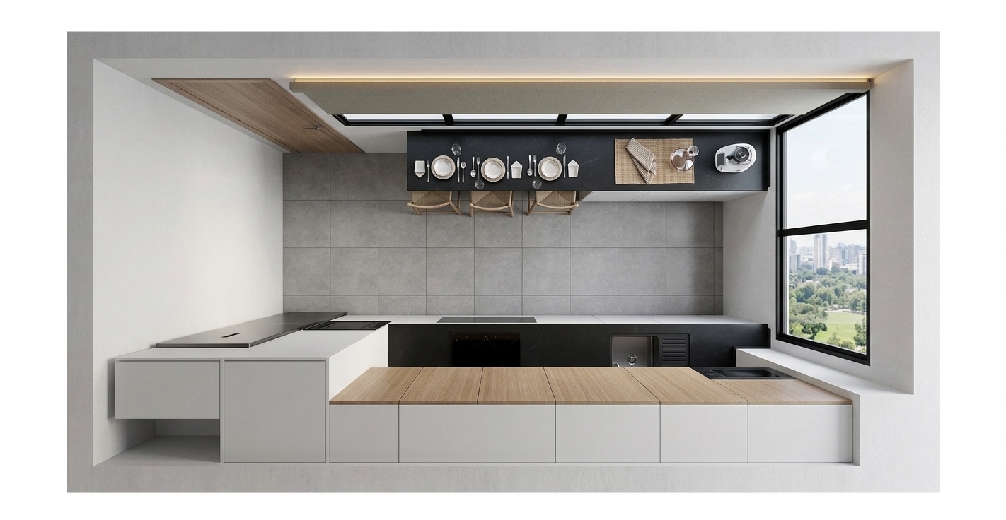 A top-down architectural photograph of the kitchen preserving the exact layout, geometry, and color palette. Natural daylight pours in through the large right window, casting soft directional shadows and gentle ambient fill across the matte black composite island, light oak wood finishes, and semi-gloss white cabinetry. The tiled floor features subtle gloss reflections, while surfaces show authentic tactile micro-textures, clean seams, and accurate material physics on the dining ware and glass window, captured with crisp focus and natural photographic grain.