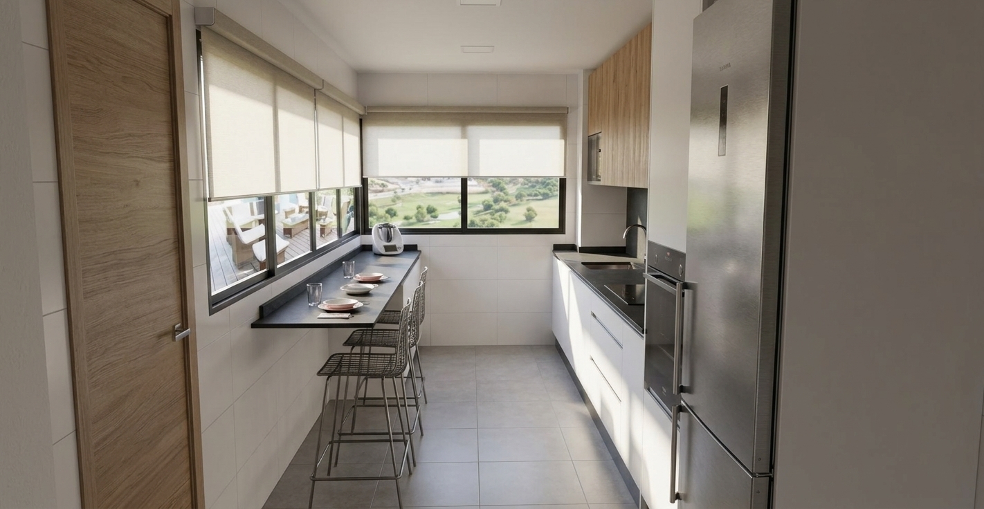 A wide-angle interior photograph of this narrow galley kitchen, faithfully preserving the exact layout, perspective, and materials. Soft natural daylight streams through the horizontal windows beneath the beige roller blinds, casting gentle shadows across the white tiled floor and walls. The dark charcoal breakfast bar and countertops feature authentic matte stone textures and realistic ambient light reflections. The tall refrigerator on the right displays a brushed stainless steel finish, while the upper cabinets and door showcase natural light wood grain. The outdoor patio and landscape visible through the black window frames are balanced in exposure, enhanced by subtle lens falloff and crisp, lifelike photographic clarity.