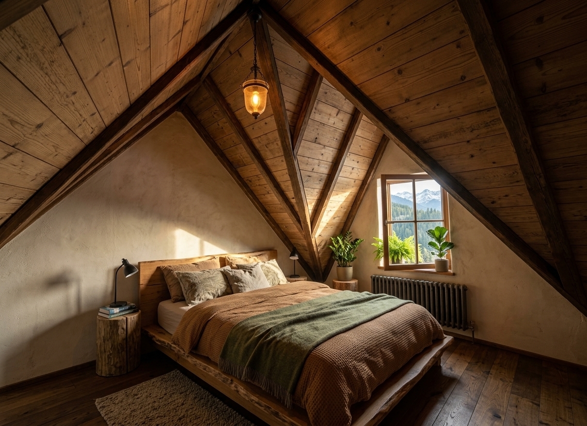 An incredibly lifelike, richly detailed, photorealistic wide-angle interior shot of a rustic mountain escape bedroom set in a secluded alpine attic chalet. The scene is illuminated by warm, golden late-afternoon light streaming through the dormer window, paired with the soft, inviting amber glow of a vintage iron-and-glass pendant, creating a profoundly cozy and serene atmosphere. Captured with a high-end full-frame camera and a 24mm prime lens, emphasizing the rich grain of exposed timber, the heavy knit of wool textiles, and the natural matte finish of dark-stained wood. 

The dramatic sloped architecture has been transformed with reclaimed pine shiplap and exposed structural wooden beams, turning the angular space into an intimate, cocoon-like haven. Center stage is a sturdy, handcrafted live-edge platform bed layered with waffle-weave caramel duvets, moss-green wool blankets, and textured linen pillows. Flanking the bed, chunky log nightstands support black iron task lamps and curated alpine photography books, while a panoramic triptych of misty mountain peaks adorns the wall. Tucked into the window nook, lush potted indoor ferns and a fiddle-leaf fig thrive against a breathtaking view of evergreen forests and snow-capped peaks beyond.