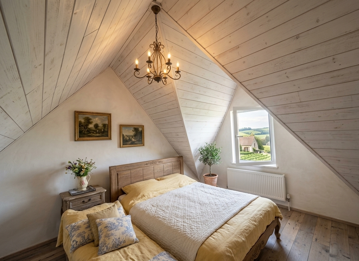 An incredibly lifelike, richly detailed, photorealistic wide-angle interior shot of a transformed French country attic bedroom sanctuary set in a charming countryside cottage. The scene is illuminated by gentle morning sunlight filtering through an open, arched dormer casement window, softly paired with the ambient glow of an antique wrought-iron chandelier, creating an intimately warm, romantic, and inviting atmosphere. Captured with a Sony A7R V paired with a 24mm f/1.4 lens, emphasizing the tactile textures of distressed white-washed shiplap on the dramatic sloping ceiling, wide-plank weathered oak floorboards, and woven fabrics. Anchoring the room beneath the soaring eaves is an elegant provincial carved-wood bed layered with buttery-yellow linen duvets, faded cornflower-blue toile accent pillows, and an ivory quilted throw. In the sunlit alcove, a distressed antique bedside table proudly holds a curated photography book, a vintage ceramic pitcher filled with fresh wildflowers, and a small potted olive tree, while the limewashed walls feature framed pastoral oil paintings that effortlessly marry rustic provincial comfort with timeless French charm.