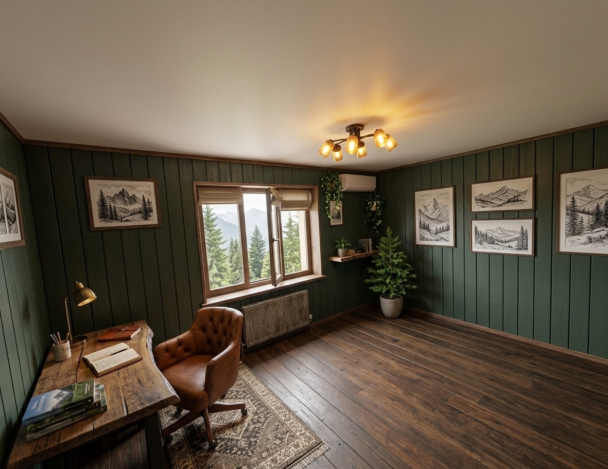 An incredibly lifelike, richly detailed, photorealistic wide-angle interior shot of a rugged, alpine-inspired study room set in a tranquil mountain escape. The scene is illuminated by soft, diffused afternoon sunlight streaming through the window and the warm, golden glow of an iron-and-amber glass pendant lamp, creating an exceptionally cozy, serene, and inviting atmosphere. Captured with a full-frame camera and a 24mm wide-angle lens, emphasizing the tactile, rough-hewn wood grains, rich leather patina, and natural woven fabrics. 

The room is completely transformed from its dated finishes into a grounded, cabin-inspired sanctuary layered in shades of deep forest green, rich walnut, and warm neutrals. Replacing the swirl wallpaper are vertical dark-stained cedar shiplap walls accented with an expansive, framed black-and-white triptych of jagged mountain ranges. Positioned near the window—which now frames a breathtaking outdoor vista of evergreen pine trees and distant misty peaks—is a sturdy, live-edge executive desk crafted from reclaimed timber, complemented by a comfortable, tufted saddle-brown leather armchair. Upon the desk sits an open, high-gloss nature photography book alongside a vintage brass lamp and stoneware pencil cups. Lush indoor plants, including trailing ivy and a potted cedar sapling, sit atop rustic log-hewn floating shelves, while a plush patterned wool kilim rug anchors the warm, hand-scraped dark oak floors, perfectly uniting rugged alpine charm with scholarly comfort.