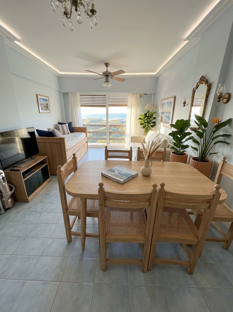 An incredibly lifelike, richly detailed, photorealistic wide-angle interior photograph of a reimagined coastal breeze dining room set in a sunlit oceanfront apartment. The scene is illuminated by radiant late-afternoon sunlight filtering through billowing sheer white linen curtains, creating an airy, fresh, and sun-kissed atmosphere that feels deeply relaxed and inviting. Captured with a Sony α7R V and a 24mm f/1.4 lens, emphasizing the organic textures of light wire-brushed oak, woven wicker furniture, and smooth matte ceramics, the space replaces the outdated terracotta layout with a modern, open-concept beachy aesthetic grounded in shades of soft ocean blue, crisp white, and sandy neutrals. In the foreground, an elegant natural-finish wooden dining table is surrounded by woven cane-back dining chairs, featuring an uncluttered surface adorned only with a curated seaside photography book and a minimalist ceramic vase with dried pampas grass. Beyond the dining zone, the cramped sleeping arrangements are replaced by a casual, slipcovered off-white lounge setting accented by nautical navy and striped linen pillows, nestled beside large potted fiddle-leaf figs and bird of paradise plants in fluted terra-cotta planters. Framed panoramic seascape wall art adorns the pristine white-plastered walls, while expansive open balcony glass doors invite the fresh sea breeze indoors, revealing a breathtaking view of coastal dunes and glistening blue waves that harmonize effortlessly with the chic, understated coastal decor.