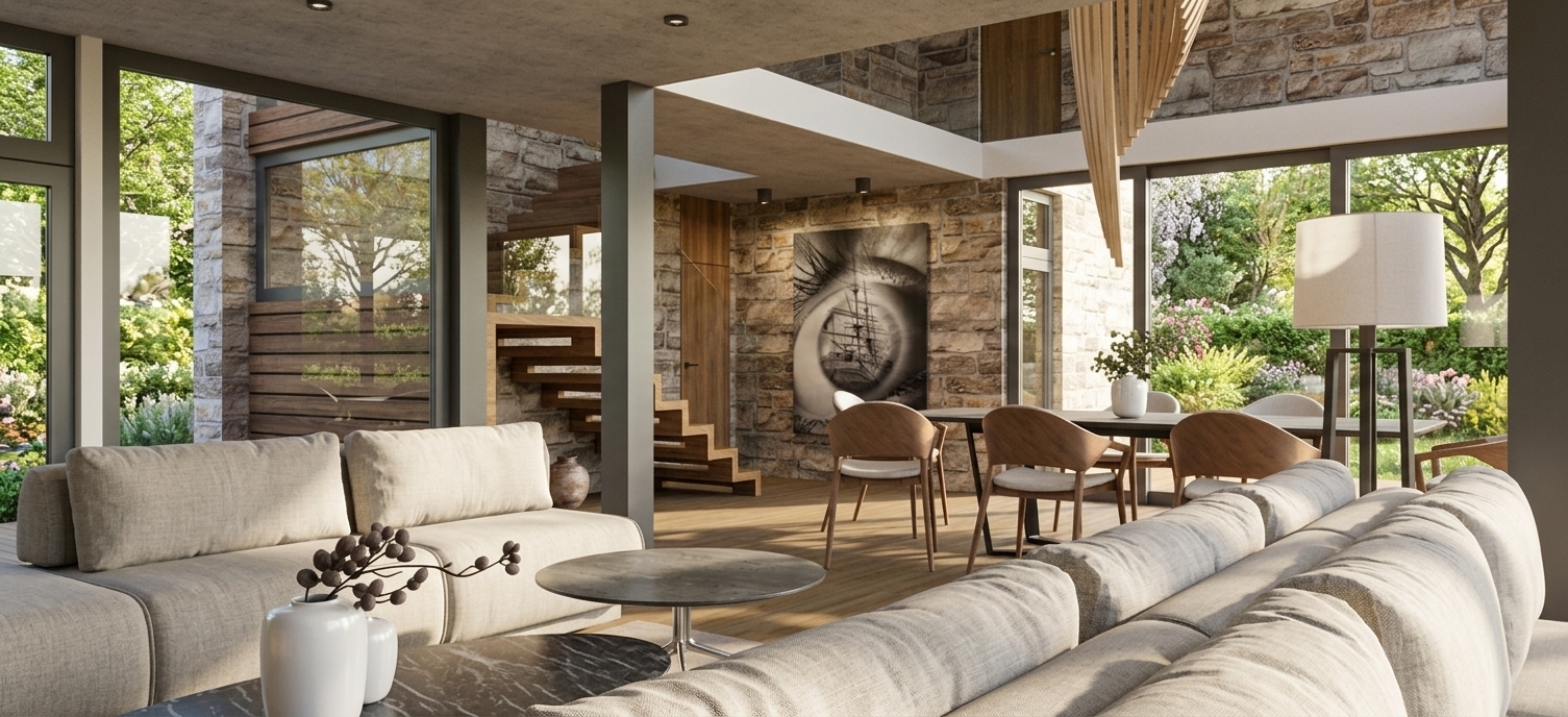 Architectural photograph of the modern open-plan interior during a bright spring midday, capturing crisp natural daylight pouring through the floor-to-ceiling glass windows and illuminating the space. The composition maintains the exact geometry, featuring textured light-grey upholstery on the modular sofas, smooth veined marble tabletops, warm natural wood flooring, and tactile stacked stone accent walls with realistic depth and relief. Soft, high-angle spring sunlight fills the room with balanced ambient illumination, casting gentle shadows across the wooden stairs and modern dining set, while the exterior shows lush, sunlit greenery through clean glass reflections. Captured on a professional wide-angle lens with clean interior exposure, sharp focus across all architectural planes, subtle surface reflections, and neutral, realistic color temperature.