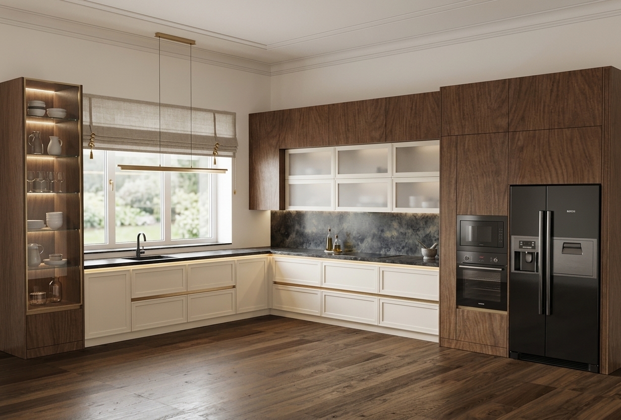Photorealistic architectural photograph of the kitchen matching the exact composition and layout, featuring smooth ivory-finished cabinet fronts complemented by rich natural wood upper and tall units. Diffused natural daylight filters through a neutral textured Roman shade mounted on the wide window, while a sleek, elongated brushed brass linear pendant suspended over the sink casts a warm focused glow onto the dark veined stone countertop. Soft, subtle LED strip illumination emanates from within the integrated profile handles, creating delicate linear accents across the drawers. The dark wide-plank wood floor, stainless steel appliances, and dark stone backsplash exhibit realistic surface micro-textures, gentle reflections, and natural atmospheric depth captured through a crisp 35mm interior lens.