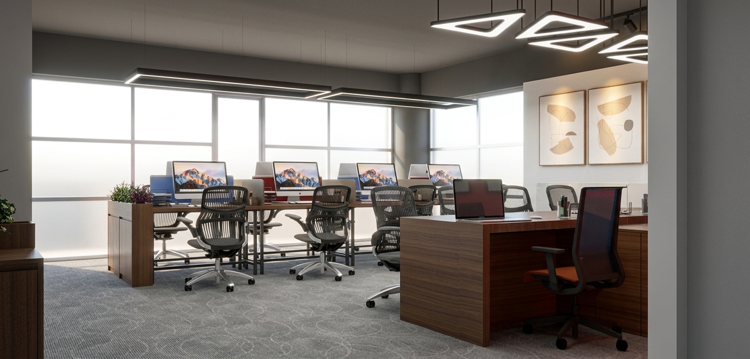A photorealistic architectural photograph capturing the exact modern office scene bathed in crisp, clear midday spring light. Diffused, bright natural daylight filters through the large frosted windows, casting realistic soft shadows across the patterned carpet and balancing the warm spotlight glow on the framed wall art. Modern black overhead pendant fixtures emit soft, natural interior illumination. The rich walnut wood grain on the desks displays authentic satin specular highlights, while the matte black ergonomic chairs show subtle fabric weave and fine plastic texture. Desktop computer displays and the open laptop screen exhibit realistic ambient glare and glass reflections, complemented by subtle surface imperfections like faint dust and micro-reflections, shot on a wide-angle lens with gentle vignetting and subtle 35mm film grain.
