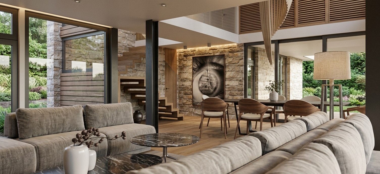 Architectural photograph of the open-plan interior captured with a 24mm wide-angle lens in crisp spring midday daylight. Natural sun streams through the floor-to-ceiling windows, highlighting vibrant green spring foliage outside while softly bouncing illumination across the room. Tactile photorealistic textures define every surface, including coarse woven fabric on the gray sectional sofas, veined dark marble on the coffee table, natural oak grain on the floating stairs and curved dining chairs, and rough-cut limestone on the central accent wall. The balanced exposure preserves rich detail across both the bright exterior courtyard and the gently shadowed interior, featuring natural reflections on the glass partitions and authentic micro-textures on the matte ceiling.