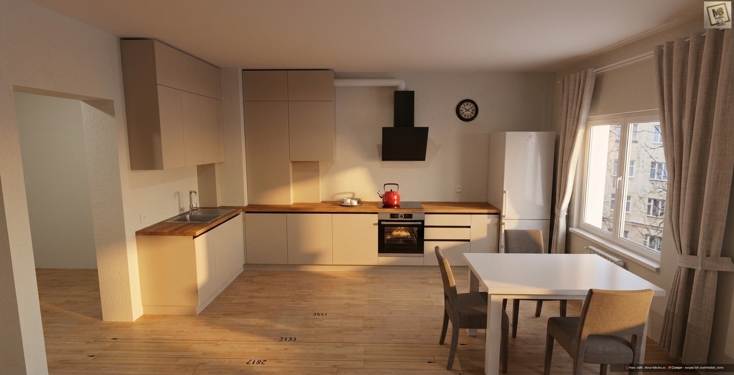 A realistic architectural photograph capturing this exact kitchen and dining space during evening twilight, illuminated by a warm sunset streaming through the window blended with gentle interior artificial light. Golden sunset rays cast long, soft-edged shadows across the wooden floor and countertops, while ambient indoor fixtures provide balanced, warm fill light. Surfaces show authentic physical textures, including natural grain and subtle sheen on the wood, soft reflections on the beige cabinetry, realistic stainless steel and ceramic finishes, and woven drape fabric. Shot on a full-frame camera with a wide lens, deep depth of field, balanced exposure, natural film grain, and faint vignetting for a grounded, lived-in atmosphere.