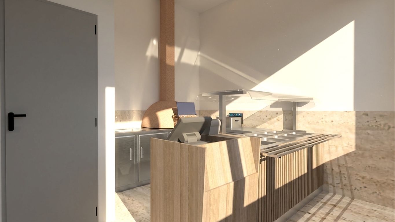 A photorealistic eye-level photograph of the commercial kitchen counter captured in crisp, bright summer midday light. Harsh natural sunlight filters into the space, casting distinct geometric shadows across the textured terrazzo floor and wood-slat service counter. The stainless steel prep stations and warming trays exhibit authentic brushed-metal micro-scratches and realistic specular reflections, balanced by subtle ambient indoor bounce light. The terracotta-textured pizza oven dome and exhaust pipe show natural surface roughness, while the glass sneeze guard carries faint reflections and subtle smudges. Rendered with clean architectural wide-angle lens optics, balanced exposure, accurate material textures, and natural photographic grain.
