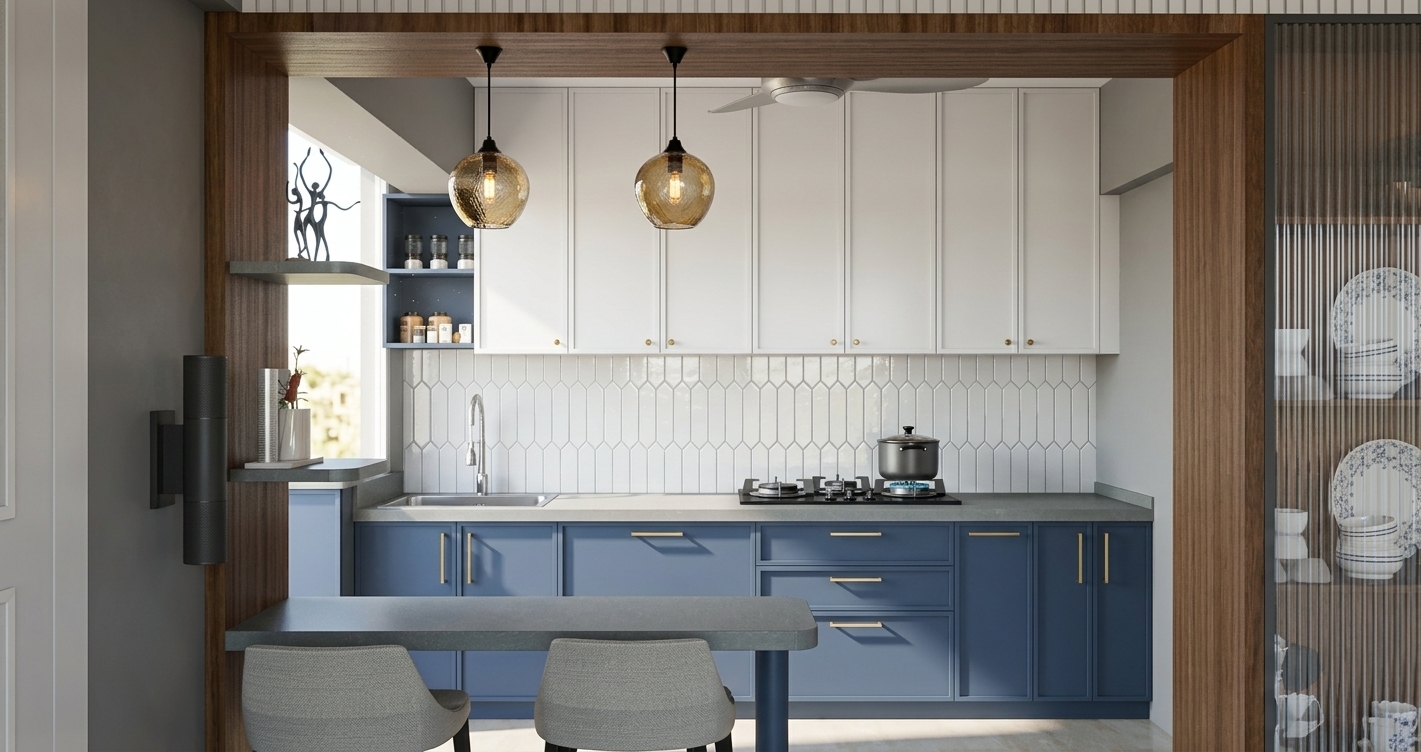 A realistic photograph of this kitchen scene illuminated by bright, clear summer midday light. Strong natural daylight enters the room, creating crisp ambient illumination and soft contact shadows while maintaining the exact composition and framing. The navy lower cabinets and white upper cupboards feature an authentic satin sheen, complemented by subtle reflections across the glossy white picket backsplash and stainless steel sink. Realistic material physics emphasize the tactile grain of the dark wood trim, woven fabric of the foreground barstools, and delicate refraction through the fluted glass door. A soft, warm glow from the amber glass pendant lamps gently contrasts the cool midday daylight, finished with natural camera depth and faint photographic grain.