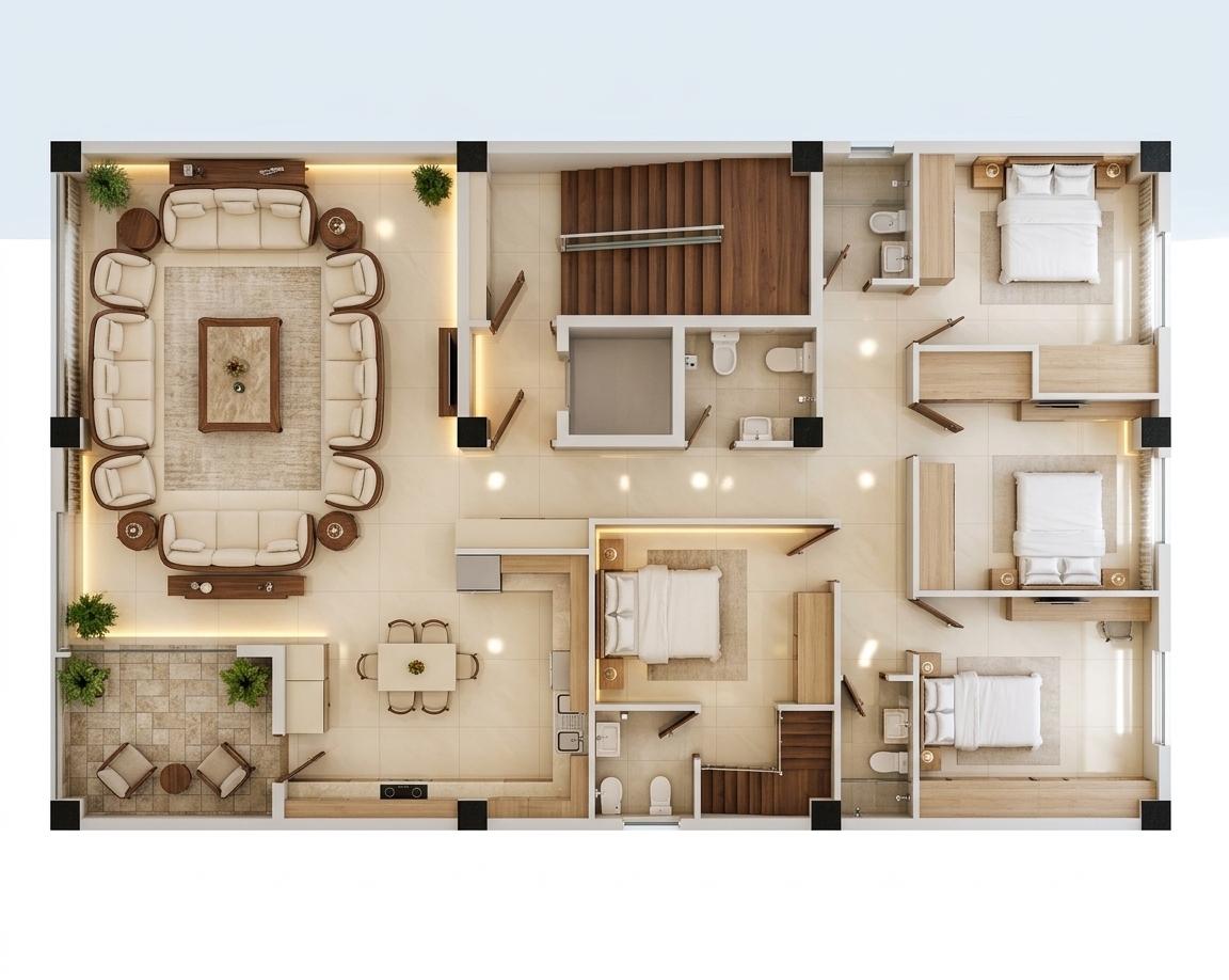 An incredibly lifelike, richly detailed, photorealistic top-down architectural cutaway photograph of a luxurious modern fusion apartment set in an upscale urban residence. The scene is illuminated by bright, diffused daytime light complemented by warm recessed ambient glows, creating a warm, sophisticated, and inviting atmosphere. Captured with a high-resolution medium-format camera from an exact overhead bird's-eye angle, emphasizing the glossy reflections of large-format polished cream ceramic floor tiles and rich, tactile natural wood textures. Following the exact spatial layout, the expansive formal living room is anchored by plush cream-upholstered sofas with finely crafted solid wood frames surrounding a matching central coffee table, flowing seamlessly past a cozy cream-and-timber dining set into a sleek, open-concept kitchen. The private bedrooms and tiled terrace feature crisp linens, integrated light wood cabinetry, and pristine fixtures, producing a flawlessly executed, high-end interior composition.
