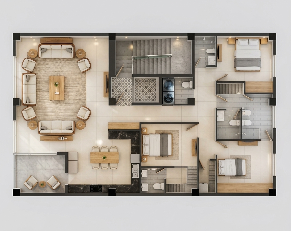 An incredibly lifelike, richly detailed, photorealistic top-down architectural photograph of a modern fusion apartment layout set in an upscale contemporary residence. The scene is illuminated by soft, natural daylight filtering through expansive windows paired with warm ambient recessed ceiling lights, creating an inviting, serene, and sophisticated atmosphere. Captured with a high-resolution medium-format camera and a sharp architectural lens, emphasizing glossy, large-format cream ceramic floor tiles, finely textured cream upholstered sofas framed in natural rich wood, and sleek polished surfaces throughout. The elegant living room anchors the space with its symmetrical cream-and-wood seating arrangement around a low-profile coffee table, flowing seamlessly into the open dining and kitchen area, while the well-appointed bedrooms feature crisp linens, and the pristine bathrooms showcase polished fixtures with the laundry space neatly positioned directly across.