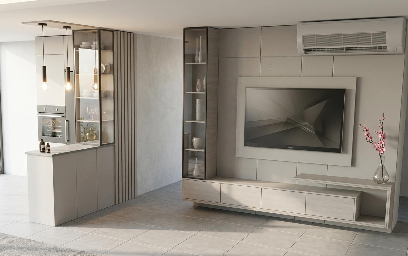 A bright, photorealistic interior photograph captured during a sunny summer midday, preserving the exact geometry, materials, and composition of the modern living and kitchen cabinetry. Strong, natural daylight pours across the scene, casting soft, crisp shadows and creating subtle highlights on the matte paneled TV wall, sleek black-framed glass display cabinets, and polished countertop. Realistic reflections appear across the glass shelving, TV screen, and built-in oven, while the delicate pink flowers in the vase and the pendant lights pick up clean, authentic daytime lighting. Fine architectural details, subtle surface textures, and warm, balanced ambient bounce light give the entire space the depth and clarity of an editorial architectural photo.