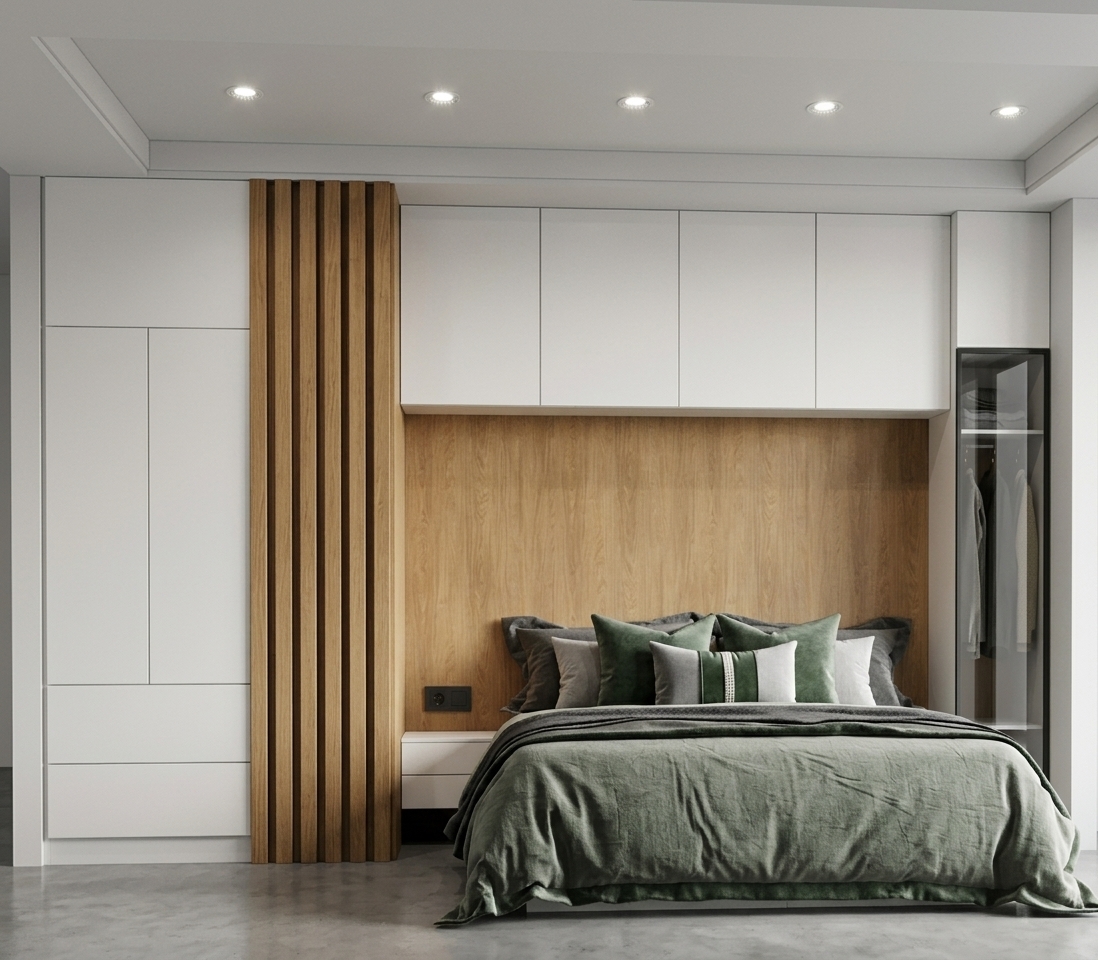 A straight-on interior photograph of the bedroom taken with a 35mm lens, illuminated by bright, natural summer midday light pouring in from the side. The scene preserves the exact layout and geometry, rendering the built-in light matte laminate cabinetry, vertical warm oak slats, and wood headboard panel with realistic wood grain and tactile textures. The bed features softly creased linen and cotton bedding in muted green and textured charcoal gray, with subtle fabric wrinkles and realistic drape. Recessed ceiling pot lights remain off or cast faint fill light, while soft reflections show on the glass-door wardrobe on the right. Natural micro-imperfections, ambient soft shadows beneath the overhead cabinets, and gentle photographic grain complete the realistic interior shot.