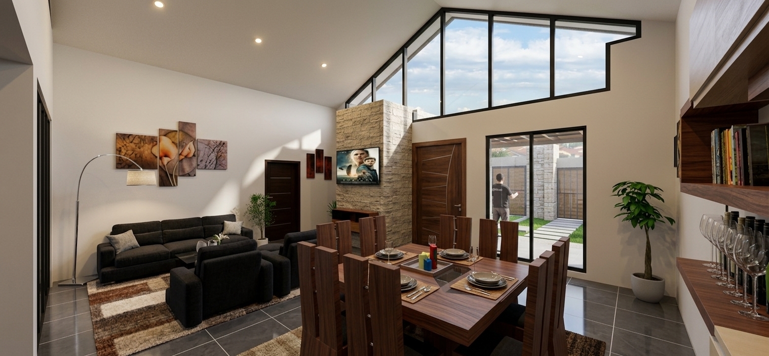 A realistic photograph of the open-plan dining and living space, captured with a wide-angle architectural lens preserving the exact perspective and layout. Natural daylight streams through the high geometric transom windows, softly balancing with warm recessed LED ceiling lights embedded in the smooth drywall ceiling. The polished floor tiles display faint, realistic reflections, while rich grain and satin finishes define the wooden dining set and stone-clad accent pillar. Subtle fabric textures on the dark sofas, crisp reflections in the glassware, and a cleanly exposed outdoor patio through the sliding glass doors complete a naturally graded, authentic interior shot.