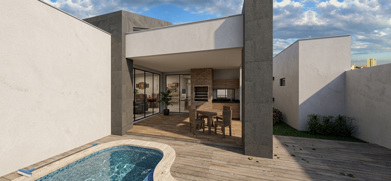 A photorealistic daytime architectural photograph captures this exact outdoor patio and pool scene, maintaining its identical geometry, perspective, and composition. Crisp, natural mid-afternoon sunlight casts soft, realistic shadows across the wooden decking and stone-textured pillars. The swimming pool displays realistic water caustics, subtle ripples, and refractive depth over the mosaic tiles. Large sliding glass doors feature clear, authentic environment reflections alongside soft interior visibility. Exterior stucco walls, concrete elements, and the stone-clad barbecue chimney show fine, tactile surface textures and micro-imperfections. Shot on a wide-angle lens with neutral color temperature, balanced exposure, sharp edge definition, and gentle photographic depth of field.