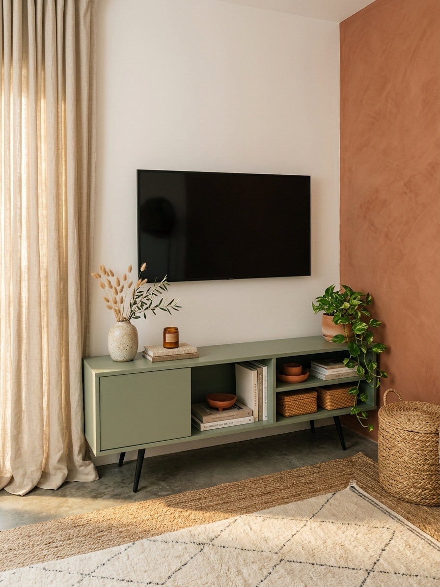 An incredibly lifelike, richly detailed, photorealistic eye-level interior photograph of a tranquil bohemian bedroom sanctuary set in a sun-drenched modern home. The scene is illuminated by warm, dappled golden-hour sunlight filtering softly through organic linen drapery and complemented by gentle ambient low-level lighting, creating an inviting, serene, and grounding atmosphere. Captured with a 35mm f/2.8 lens on a high-resolution full-frame camera, emphasizing tactile lime-wash textures, rich woven textiles, and organic earthy materials.

Preserving the room's authentic architectural integrity and palette, the central backdrop features a clean, matte off-white wall holding the flush-mounted black flat-screen television at the exact original height, now updated with clean, hidden in-wall cable management. To the right, the stunning terracotta accent wall is elevated with a hand-applied micro-cement or Roman clay plaster finish, casting subtle, organic velvet-like textural variations across its rich, warm earthy surface. 

Anchoring the wall is the signature sage-green lowboard console, retaining its exact clean mid-century modern form, matte sage finish, slender angled black legs, and light woven-front cabinet door. The unit is styled with thoughtful bohemian refinement: the open cubbies now house an artful curation of architectural and design art books arranged both vertically and horizontally, handcrafted terracotta catchalls, and small hand-woven rattan storage boxes. Resting gracefully on the credenza top in place of clutter is an artisanal speckled ceramic vessel displaying dried bunny tails and delicate olive branches, alongside a small stack of textured art books and a scented candle in an amber glass jar. At the far right corner, a trailing marble queen pothos gently cascades from an unglazed clay planter down the edge of the console.

To the left, the window treatment is elevated with floor-to-ceiling ripple-fold drapery crafted from rich, heavyweight natural linen in an unbleached oatmeal tone, puddle-draping effortlessly onto the floor and introducing vertical scale and tactile luxury. 

Underfoot, the industrial stained concrete floor is celebrated and softened by an organic, layered rug arrangement: a large natural woven jute rug provides texture and grounding, layered diagonally with an ultra-plush ivory Moroccan wool runner with faint charcoal diamond motifs. Nearby, neatly tucked to the side, a large lidded braided seagrass basket serves as discrete, stylish storage for exercise equipment and throws. Every element balances modern restraint with bohemian warmth, transforming the corner into a functional, artfully composed personal retreat.