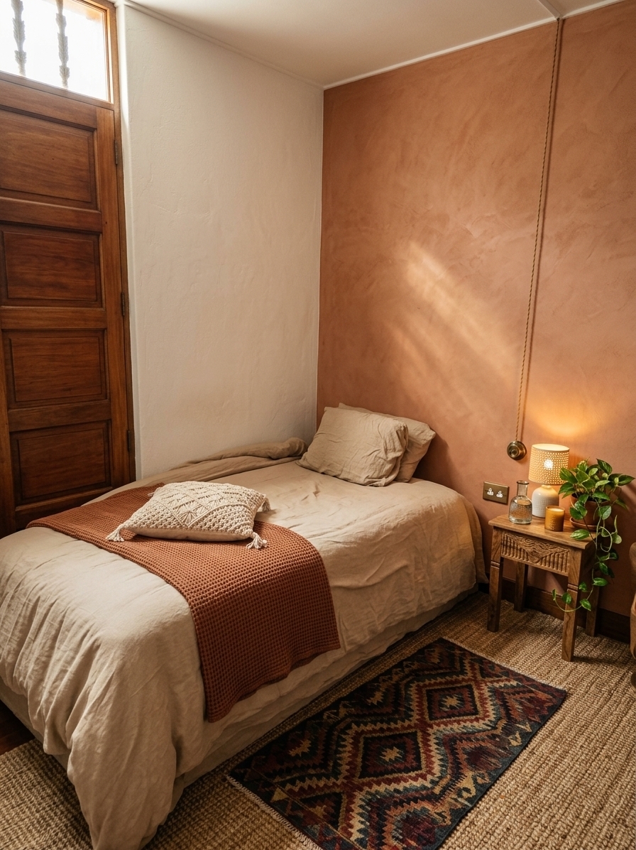 An incredibly lifelike, richly detailed, photorealistic wide-angle interior shot of a serene bohemian oasis bedroom set in a tranquil, sunlit retreat. The scene is illuminated by gentle, late-afternoon golden rays filtering through the transom window and the warm ambient glow of a petite ceramic-and-rattan bedside lamp, creating an inviting, peaceful, and dreamy atmosphere. Captured with a 35mm full-frame lens at f/2.8, emphasizing the earthy hand-troweled plaster wall, tactile woven textiles, and rich natural wood grains, the revitalized space centers on the bed, now crowned with an organic, arched natural-cane headboard that harmonizes effortlessly with the textured terracotta accent wall. Directly beside the bed, a charming carved mango-wood nightstand grounds the corner, neatly accessorized with an artisanal glazed carafe, a scented beeswax candle, and a trailing potted pothos that cascades gracefully toward the floor. The bed is sumptuously layered in crisp yet relaxed desert-sand linen bedding, accented by a rust-toned waffle-knit throw and tufted macramé cushions that bring softness, depth, and inviting tactile warmth. Grounding the composition, a large vintage-washed geometric kilim rug layered over a textured braided jute base covers the cool concrete floor, while the tall vintage wooden door gleams with a revitalized satin oil finish, transforming the once-sparse room into an intimate, effortlessly balanced, and visually rich bohemian haven.