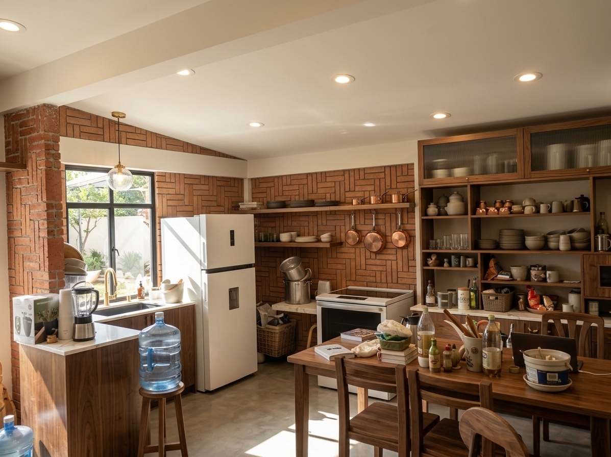 An incredibly lifelike, richly detailed, photorealistic wide-angle interior photo of a transformed modern fusion kitchen set in an airy, sun-drenched residence. The scene is illuminated by crisp, radiant midday sunlight flooding through an enlarged matte-black steel casement window, complemented by warm recessed ceiling spotlights and ambient LED under-cabinet illumination, creating an uplifting, serene, and functional atmosphere. Captured with a 24mm tilt-shift lens, emphasizing the tactile textures of refined herringbone-patterned terracotta brick, veined calacatta quartz countertops, and rich natural walnut woodwork. Perfectly situated beneath the window, a deep under-mount charcoal sink with a sleek brushed-brass gooseneck faucet looks out onto a serene, sunlit garden patio. Above the expansive food-prep counters, the once-cluttered open shelving is replaced with bespoke upper cabinetry featuring fluted glass fronts and integrated floating oak shelves, curated with neatly stacked matte ceramic dinnerware, artisanal clay bowls, and polished copper and cast-iron pans. Streamlined lower drawers with recessed pulls offer extensive dedicated storage for heavy cookware, fully concealing clutter and maintaining clean, balanced proportions. The original rustic red-brick partition wall is preserved as a striking heritage accent, now gracefully counterbalanced by integrated high-end appliances, a sleek induction range, and a polished microcement floor, delivering a harmonious blend of artisanal warmth and modern culinary efficiency.