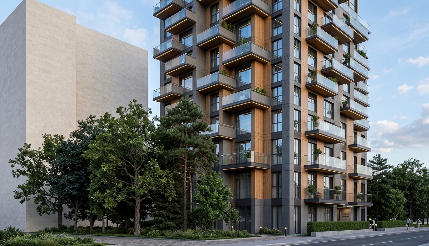 A crisp daytime architectural photograph capturing the exact geometry, dynamic perspective, and composition of the building. The exterior is defined by tactile dark brickwork, multi-toned textured concrete panels, and transparent glazed balcony railings showing realistic specular reflections. Balanced natural daylight casts soft directional shadows across the facade, contrasted with gentle, warm interior illumination glowing through large windows. The stylized foreground greenery is translated into photorealistic, lush deciduous and pine trees with intricate leaf details. Subtle lifestyle accents, including small potted balcony plants and distant resident silhouettes, complete the scene, captured with an architectural lens featuring clean sharpness, natural dynamic range, and authentic material physics.