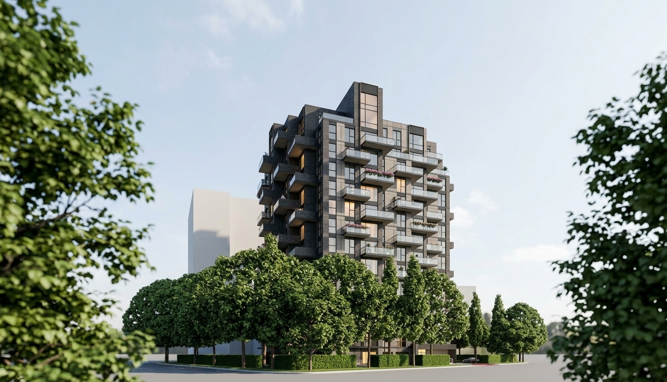 An architectural daytime photograph matching the exact framing, dynamic perspective, and structure of the input image, shot on a professional tilt-shift lens under bright, natural daylight. The apartment building's facade is rendered with detailed dark charcoal textured brick and multi-toned precast concrete panels, framed by sleek dark mullions and transparent glass balcony railings. Several balconies feature subtle potted flowering plants and natural-scale residents, while select apartment windows glow with warm interior illumination. The foreground trees and perimeter hedges are transformed into lush, photorealistic foliage with organic leaf micro-textures and dappled natural shadows. Crisp sunlight accentuates the clean geometric volumes, complemented by realistic glass reflections, fine material imperfections, and subtle atmospheric depth against a realistic daytime sky.