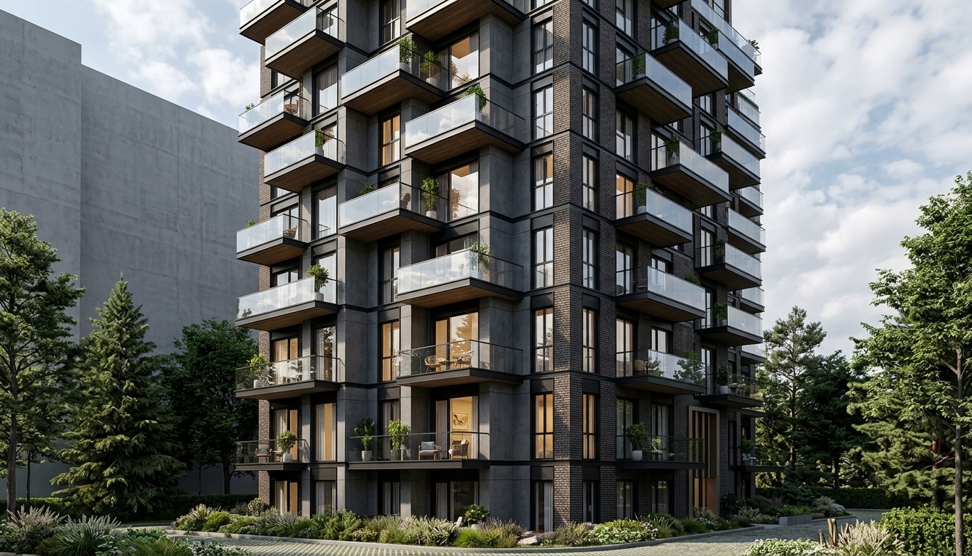 A sharp, photorealistic architectural photograph captured from the exact dynamic low-angle perspective, perfectly preserving the building's geometry, adjoining structure, and surrounding tree placement. The facade consists of tactile dark brick and tonal architectural concrete panels, complemented by dark framing and clear glass railings accented with delicate balcony plants and subtle human figures. Bright natural daylight creates crisp shadows across the modular massing, balanced by a warm, inviting glow from interior lights visible through select large windows. The trees are transformed into lush, photorealistic pines and leafy green vegetation with authentic bark and foliage textures. The image features realistic glass reflections, clean optical contrast, subtle atmospheric depth, and gentle photographic grain without altering any layout or composition.