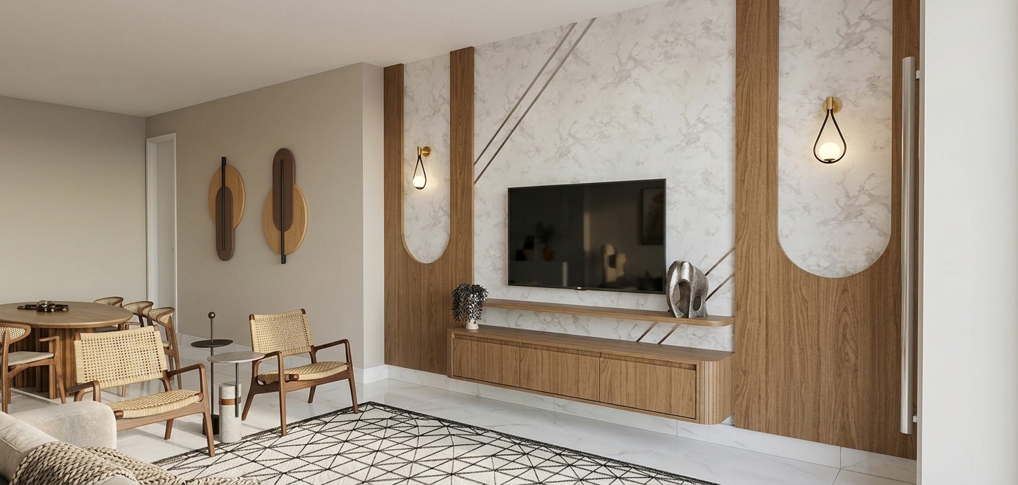 An eye-level interior architectural photograph capturing the exact room geometry and layout, featuring a burnt honey oak wood panel accent wall and floating console paired with polished white Calacatta marble wall slabs. Modern minimalist wall sconces cast a warm, inviting yellow glow that balances the bright, soft natural daylight illuminating the airy space. The two accent armchairs are realistically textured with smooth wood framing and rich terracotta leather upholstery, resting atop a detailed patterned rug. Crisp architectural photography reveals authentic wood grain, subtle specular reflections on the marble and television screen, and a perfectly balanced, cozy atmosphere without altering any composition or elements.
