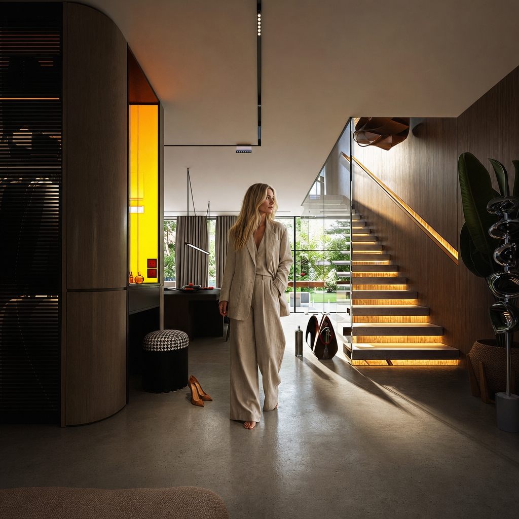 An incredibly lifelike, richly detailed, ultra-photorealistic high-end interior architectural photograph with extraordinary physical realism, natural material definition, realistic light behavior, authentic photographic depth, subtle imperfections and exceptional photographic credibility. The image must look indistinguishable from a real luxury interior photograph captured with a professional full-frame camera, with beautifully controlled tonal depth, realistic reflections, tactile surfaces, natural shadows and sophisticated dark-luxury atmosphere.

ABSOLUTE PRESERVATION:

The existing architecture, layout, geometry, proportions, furniture placement, camera position, camera height, focal length, perspective, composition, framing, spatial relationships, and any existing rug remain completely unchanged.

Do not alter, redesign, reinterpret, relocate, resize, replace, remove, add, simplify, or reconstruct any architectural element, furniture, decoration, object, fixture, appliance, opening, wall, ceiling, floor geometry, kitchen island, cabinetry, doors, windows, or built-in element.

Do not change the camera angle or viewpoint in any way.

Do not crop, zoom, pan, tilt, rotate, dolly, shift, or reframe the image.

The original composition must remain exactly the same.

Only improve photographic realism, surface realism, material depth, human realism, texture quality, and physically accurate light–material interaction.

No redesign.
No reinterpretation.
No creative alteration.
No change to the architecture.
No change to the furniture layout.
No change to the composition.

The final image must remain visually identical in architecture and composition to the reference image, with only the requested material and human-realism refinements applied.

PHOTOGRAPHIC INTENT:

Transform the reference into an ultra-realistic, high-end editorial architectural photograph.

The image must look like a real professional architectural interior photograph captured on a full-frame professional camera, not a 3D render or CGI visualization.

Preserve the exact architectural design while upgrading the visual realism to an extremely sophisticated photographic level.

The final result should resemble a luxury architectural editorial photographed for a premium architecture or interior-design magazine.

Natural photographic imperfections, physically accurate materials, realistic light falloff, authentic reflections, subtle lens characteristics, realistic depth, and organic micro-detail.

No artificial perfection.
No CGI appearance.
No digital illustration.
No stylization.

OVERALL MOOD:

Dark, moody, low-key interior photography with a refined, intimate, sophisticated atmosphere.

The interior should feel warm, quiet, luxurious, tactile, calm, and naturally lived-in.

Maintain deep blacks and controlled shadows while preserving sufficient detail in dark areas.

Subtle natural lens vignette gently darkens the outer edges of the frame while keeping the central architectural composition clear and detailed.

Use restrained cinematic underexposure without destroying material information.

The image should feel sophisticated and atmospheric rather than dramatically stylized.

No excessive contrast.
No crushed shadow detail.
No artificial HDR.
No exaggerated cinematic effects.

LIGHTING:

Physically accurate architectural photography lighting.

Use deliberate cinematic underexposure while maintaining realistic exposure relationships between the interior, woman, furniture, walls, floor, and architectural elements.

Warm artificial lighting approximately 2700–3000K remains restrained, soft, directional, and realistic.

The warm artificial light should gently graze the walnut surfaces and architectural elements, revealing the natural grain, pores, subtle surface imperfections, and material depth primarily through controlled highlights and shadows.

Natural sunlight remains present and readable.

Soft natural daylight enters the space naturally and interacts with the floor, kitchen island, walnut cabinetry, walls, furniture, and the woman.

Natural daylight should create subtle controlled highlights, soft shadows, realistic reflections, and believable colour transitions.

Global illumination must remain physically correct but restrained.

Use realistic indirect bounce light, subtle ambient occlusion, physically accurate shadow density, realistic light falloff, and natural reflected colour from the walnut surfaces.

No dramatic artificial beams.
No theatrical lighting.
No glowing objects.
No excessive bloom.
No lens flare.
No stylized lighting effects.

FLOOR – LIGHT POLISHED CONCRETE:

The floor is replaced with light warm grey polished concrete while preserving the exact existing floor geometry, perspective, dimensions, joints, transitions, and spatial relationships.

Surface tone:

Soft light grey with subtle warm undertones and delicate natural tonal variation.

Avoid cold blue-grey coloration.

Finish:

Smooth, dense, mechanically polished concrete with a refined satin sheen.

Not mirror-like.
Not glossy.
Not wet-looking.

Micro-texture:

Visible fine aggregate.
Subtle mottling.
Very fine tonal variation.
Faint trowel marks.
Natural microscopic irregularities.
Subtle pores and mineral variation.

Reflectance:

Physically accurate low-to-medium reflectivity.

Light sources and surrounding architecture may create soft, broad, blurred reflections.

Reflections must never appear sharp, mirror-like, metallic, or artificially glossy.

Light interaction:

Grazing light gently reveals subtle surface variation, micro-imperfections, and fine texture.

The floor should feel heavy, mineral, tactile, architectural, and genuinely physical.

No wet look.
No high gloss.
No artificial uniformity.
No plastic appearance.
No CGI floor texture.

WALLS & CABINET FRONTS – PREMIUM DARK AMERICAN WALNUT VENEER:

All wall cladding, full-height wall panels, cabinet fronts, tall units, millwork, doors, built-ins, and all existing wood-finished architectural elements are finished in premium natural American Black Walnut veneer (Juglans nigra).

Preserve the existing design, proportions, panel layout, joint pattern, dimensions, geometry, doors, openings, and architectural composition exactly as shown in the reference image.

Use authentic architectural-grade natural walnut veneer with a rich, deep brown base and subtle warm undertones.

The overall colour should range naturally from dark chocolate brown to deep espresso brown, with slightly lighter warm brown variations naturally occurring within the grain.

The wood must have a sophisticated dark luxury appearance without becoming black.

Maintain enough tonal variation and surface depth for the natural walnut grain to remain clearly visible under both natural daylight and warm artificial lighting.

AUTHENTIC VENEER:

Use authentic book-matched or carefully slip-matched natural veneer.

Maintain continuous grain flow across adjacent wall panels, cabinet fronts, doors, and millwork.

The result should resemble bespoke high-end custom architectural joinery.

Natural American Black Walnut characteristics:

- rich chocolate and espresso-brown coloration
- subtle warm brown undertones
- muted caramel undertones in selected areas
- refined flowing grain
- naturally irregular growth patterns
- occasional subtle cathedral grain formations
- fine open pores
- subtle mineral variation
- realistic darker and lighter grain transitions
- authentic veneer seams
- realistic panel transitions
- natural variation between individual veneer sheets

The grain should remain elegant, relatively calm, refined, and architectural.

Avoid excessively dramatic rustic patterns.

The overall appearance must feel contemporary, sophisticated, expensive, restrained, and highly crafted.

COLOR CONSISTENCY:

Maintain a coherent dark walnut palette across all wood surfaces.

Do not introduce:

- reddish mahogany
- orange wood
- yellow oak
- grey wood
- artificial black wood
- flat dark brown
- overly red tones
- overly orange tones

The walnut should remain unmistakably natural American Black Walnut.

The veneer should appear naturally stained only enough to achieve the desired deep walnut tone while preserving the authentic optical depth, pore structure, grain variation, and dimensional character of real walnut.

FINISH:

Ultra-high-quality matte-to-satin clear lacquer, approximately 5–10 GU.

The finish should softly diffuse incoming light while preserving:

- tactile character
- pore structure
- grain depth
- natural dimensionality
- subtle surface imperfections
- authentic wood texture

The surface must never appear:

- glossy
- plastic
- laminated
- artificially black
- overly polished
- synthetic
- flat
- CGI-generated

LIGHT INTERACTION WITH WALNUT:

Warm ambient light creates subtle, soft highlights along the walnut grain.

Natural daylight reveals slightly cooler brown variations and three-dimensional veneer depth.

Grazing light emphasizes:

- pores
- grain direction
- veneer transitions
- subtle panel joints
- tiny surface irregularities
- natural tonal variation

Reflections remain broad, soft, restrained, and physically accurate.

No repeating texture.
No cloned grain.
No procedural-looking wood.
No artificial symmetry.
No laminate appearance.
No flat brown colour.
No excessive red.
No excessive orange.
No fake CGI wood.

The walnut must remain visually consistent throughout the image, with the same species, coloration, finish, grain character, and material identity.

MATERIAL REALISM:

All materials must exhibit physically accurate behaviour under the existing lighting.

Upholstered fabrics exhibit realistic textile density, visible individual fibres, soft light absorption, natural creasing, subtle compression, and realistic shadow behaviour.

Stone surfaces appear heavy, tactile, mineral, and physically dense, with true depth, micro-porosity, subtle tonal variation, and uneven reflectance revealed only where light grazes the surface.

Glass remains physically transparent with restrained, realistic reflections and subtle refraction.

Metal surfaces remain subdued with controlled specular highlights.

No material should appear excessively glossy or artificially perfect.

Every surface should contain subtle real-world micro-imperfections appropriate to its material.

WOMAN – EXACT SAME WOMAN AS THE PREVIOUSLY CREATED REFERENCE:

Add the SAME blonde woman from the previously created reference image.

She must visually correspond to the exact same woman previously generated.

Do NOT generate a different woman.

Preserve the same overall character, facial character, blonde hairstyle, body proportions, natural beauty, age appearance, feminine silhouette, and relaxed editorial presence.

She should look as though she is the exact same real woman photographed in another frame of the same professional architectural photoshoot.

CHARACTER CONSISTENCY:

Maintain the same:

- blonde hair character
- hairstyle
- facial proportions
- facial character
- natural expression
- body type
- body proportions
- feminine silhouette
- overall appearance
- relaxed personality
- realistic photographic quality

Do not change her into a different person.

Do not create a generic blonde model.

Do not alter her facial structure unnecessarily.

Do not make her younger or older.

Do not make her excessively glamorous.

Do not apply beauty-filter aesthetics.

APPEARANCE:

Naturally beautiful adult blonde woman.

Long, loose, softly wavy blonde hair.

Warm natural blonde colour with subtle darker blonde roots and realistic tonal variation.

Individual hair strands must be visible.

Hair should contain natural flyaway strands, subtle irregularities, realistic density, believable volume, and natural highlights.

Facial features should be refined but completely natural.

Preserve subtle natural facial asymmetry.

Skin should contain realistic pores, tiny imperfections, subtle tonal variation, believable translucency, and physically accurate subsurface scattering.

No plastic skin.
No airbrushed skin.
No artificial beauty filter.
No excessive smoothing.

OUTFIT – EXACT SAME BEIGE LINEN-LOOK TWO-PIECE SET:

The woman wears EXACTLY the same beige linen-look women's two-piece outfit previously created for her.

The outfit is a refined, relaxed, sophisticated women's linen-look set in the same style as the previously generated reference.

It consists of:

- relaxed oversized beige tailored blazer
- matching very wide-leg full-length trousers
- flowing wide trouser silhouette
- warm natural beige / sand / light taupe colour
- soft linen-look textile
- authentic woven fabric structure
- subtle visible linen fibres
- natural irregularities in the weave
- matte tactile surface
- relaxed contemporary tailoring
- understated luxury aesthetic
- effortless high-end editorial appearance

The outfit must visually match the previously created beige linen-look wide-leg two-piece set as closely as possible.

The trousers must remain VERY WIDE, flowing, relaxed, and full-length.

The trouser legs should naturally fall toward the floor with realistic weight, gravity, folds, and fabric movement.

The blazer should have a relaxed, slightly oversized silhouette with natural draping and realistic construction.

The clothing must look like genuine premium linen or a very high-quality linen-look fabric.

No synthetic appearance.

No plastic appearance.

No glossy fabric.

No excessive stiffness.

No fashion illustration.

No different outfit.

Do not replace the outfit with a dress, skirt, jeans, narrow trousers, leggings, shirt, or another fashion style.

Do not add bright colours, prints, patterns, logos, or unnecessary accessories.

The overall outfit remains understated, elegant, natural, neutral, and architectural.

BAREFOOT:

The woman is barefoot.

Her feet must be anatomically correct and naturally positioned.

Correct toes, correct proportions, natural skin texture, realistic contact with the floor.

Her feet must be firmly grounded on the polished concrete.

Use subtle physically accurate contact shadows.

No floating feet.
No distorted toes.
No anatomical errors.

POSE:

The woman stands naturally and calmly within the existing interior.

Her posture is relaxed, subtle, elegant, and believable.

Avoid a fashion-model pose.

Avoid exaggerated body language.

Avoid dramatic gestures.

Natural weight distribution between both legs.

Relaxed shoulders.

Subtle asymmetry.

Natural position of arms and hands.

Her posture should feel spontaneous and incidental, as though she is naturally inhabiting the architectural space.

She should not appear to be intentionally posing for the camera.

HUMAN SCALE:

Maintain physically correct human scale and proportions relative to:

- kitchen island
- cabinetry
- doors
- walls
- floor
- furniture
- architectural openings
- ceiling height
- surrounding objects

The woman must be correctly integrated into the spatial perspective.

No oversized body.
No undersized body.
No distorted proportions.

HYPER-REALISTIC HUMAN DETAIL:

The woman must look completely real.

Skin:

- realistic pores
- subtle fine lines
- natural imperfections
- realistic tonal variation
- believable translucency
- soft subsurface scattering
- natural highlights
- realistic shadow transitions

Hair:

- individual strands
- natural flyaway hairs
- realistic density
- physically believable volume
- subtle tonal variation
- natural highlights
- realistic interaction with ambient light

Hands:

- anatomically correct hands
- realistic fingers
- correct finger proportions
- natural joints
- subtle skin folds
- realistic nails

Feet:

- anatomically correct
- realistic toes
- realistic skin texture
- natural weight distribution
- accurate contact with floor

FACIAL REALISM:

The face must look like a real photographed person.

Maintain natural facial asymmetry and subtle imperfections.

No artificial symmetry.

No doll-like appearance.

No mannequin appearance.

No generic AI face.

No overly perfect beauty.

No waxy skin.

No excessive sharpening.

No beauty retouching.

The woman's face should retain the subtle imperfections and organic realism characteristic of an authentic professional photograph.

CLOTHING REALISM:

The linen-look fabric must behave physically like real woven fabric.

Include:

- authentic fibre structure
- subtle weave visibility
- natural wrinkles
- soft creasing
- realistic compression
- gravity-driven folds
- slight irregularity
- natural tension around elbows
- realistic folds around waist
- realistic folds around hips
- natural draping around legs
- matte light absorption
- subtle highlights only where fabric catches light

The clothing must respond naturally to gravity and body movement.

No painted fabric.

No synthetic cloth.

No plastic texture.

No perfectly smooth surfaces.

INTEGRATION WITH ARCHITECTURE:

The woman must be physically integrated into the existing interior.

She must receive exactly the same lighting conditions as the surrounding architecture.

Her skin, hair, clothing, and body must respond naturally to the same warm artificial light and natural daylight.

Use physically accurate:

- indirect illumination
- reflected light
- colour bounce
- ambient occlusion
- contact shadows
- cast shadows
- light falloff
- exposure
- depth
- atmospheric interaction

The walnut walls should subtly reflect warm tones onto her clothing and skin where physically appropriate.

The light warm-grey polished concrete should subtly reflect surrounding light without creating artificial mirror reflections.

Her presence must feel as if she was physically standing in the interior during the original architectural photoshoot.

No cutout appearance.

No pasted-on appearance.

No halo.

No edge artefacts.

No mismatched sharpness.

No mismatched colour temperature.

No mismatched exposure.

No artificial compositing.

CAMERA AND COMPOSITION:

The camera remains COMPLETELY LOCKED.

Preserve exactly:

- camera position
- camera height
- focal length
- perspective
- viewing direction
- framing
- crop
- composition
- architectural proportions
- spatial relationships

Do not move the camera.

Do not zoom.

Do not crop.

Do not change the lens.

Do not create another angle.

Do not introduce another shot.

Do not alter the perspective.

The woman must be inserted into the existing composition without changing the framing.

DEPTH OF FIELD:

Natural full-frame architectural photography depth of field.

Maintain realistic focus relationships between architecture and woman.

No artificial excessive background blur.

No cinematic fake bokeh.

No exaggerated shallow depth of field.

The image must retain sufficient architectural detail throughout the scene.

PHOTOGRAPHIC MICRO-DETAIL:

Extremely realistic micro-contrast and organic sharpness.

Natural full-frame camera rendering.

Subtle optical characteristics of a professional architectural lens.

Natural tonal roll-off.

Realistic highlight behaviour.

Realistic shadow transitions.

Subtle film grain.

No oversharpening.

No excessive clarity.

No HDR appearance.

No artificial micro-contrast.

No digital noise.

FINAL IMAGE QUALITY:

Extreme detail.

Hyper-realistic material definition.

Organic photographic sharpness.

Physically accurate light–material interaction.

Natural human realism.

Realistic architectural scale.

Realistic reflections.

Realistic shadows.

Realistic textures.

Realistic colour grading.

Deep blacks.

Controlled highlights.

Subtle film grain.

Natural tonal roll-off.

Sophisticated editorial photography aesthetic.

The final image must be completely indistinguishable from a real high-end architectural photograph captured on a professional full-frame camera.

The architecture must remain exactly as in the reference.

The camera must remain exactly as in the reference.

The composition must remain exactly as in the reference.

The woman must look like the SAME blonde woman previously created, wearing the SAME beige linen-look wide-leg two-piece outfit, naturally photographed inside the space.

She must appear completely real, natural, anatomically correct, physically grounded, and perfectly integrated into the architectural photograph.

NO CGI LOOK.
NO 3D RENDER LOOK.
NO AI-GENERATED LOOK.
NO STYLIZATION.
NO ARTIFICIAL PERFECTION.
NO PLASTIC SKIN.
NO MANNEQUIN APPEARANCE.
NO FASHION-ILLUSTRATION LOOK.
NO BEAUTY-FILTER EFFECT.
NO DISTORTED HANDS.
NO DISTORTED FEET.
NO ANATOMICAL ERRORS.
NO FLOATING BODY.
NO CUTOUT EFFECT.
NO HALO.
NO COMPOSITING ARTEFACTS.
NO CHANGE TO ARCHITECTURE.
NO CHANGE TO CAMERA.
NO CHANGE TO COMPOSITION.
NO CHANGE TO FURNITURE PLACEMENT.