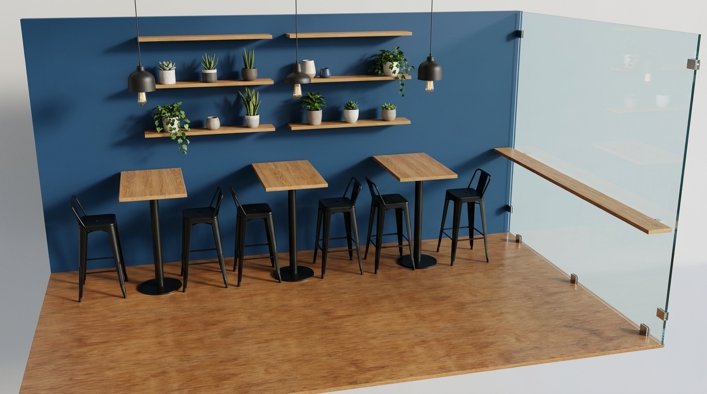 Render this 3D model into a photorealistic interior photo. The back wall remains deep blue, featuring natural oak floating shelves decorated with small potted plants. The three high-top tables have natural oak wood tabletops and matte black metal pedestal bases, each surrounded by three sleek black high barstools. Hang an elegant pendant light directly above each table. The wall on the right is transparent tempered glass with the wooden ledge attached. The floor is finished in warm oak wood planks. Apply realistic ambient lighting and natural shadows.
