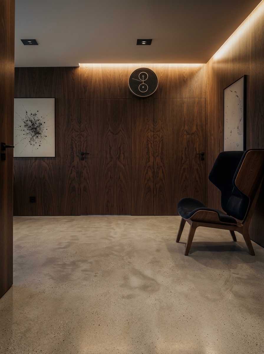A photorealistic, high-end editorial architectural photograph of the interior hallway, preserving the exact camera angle, perspective, composition, chair, wall artwork, circular wall clock, and architectural layout.
Replace the flooring entirely with light warm-grey polished concrete featuring a refined satin sheen, visible fine aggregate, subtle tonal mottling, and soft, physically accurate reflections.
Refinish all dark walls, paneling, and integrated doors with premium American Black Walnut veneer in deep espresso and chocolate tones with subtle warm undertones. Display authentic book-matched vertical wood grain, realistic pores, and a matte-to-satin finish that softly catches the grazing light.
Lighting and Atmosphere: Sophisticated, moody, low-key luxury atmosphere. Warm indirect cove lighting (2700–3000K) grazes the walnut surfaces, paired with subtle natural ambient daylight. Maintain deep blacks with preserved shadow detail, organic photographic micro-contrast, and subtle full-frame lens falloff. Remove all watermarks, logos, and QR codes. Completely eliminate any 3D-render, CGI, or artificial appearance.