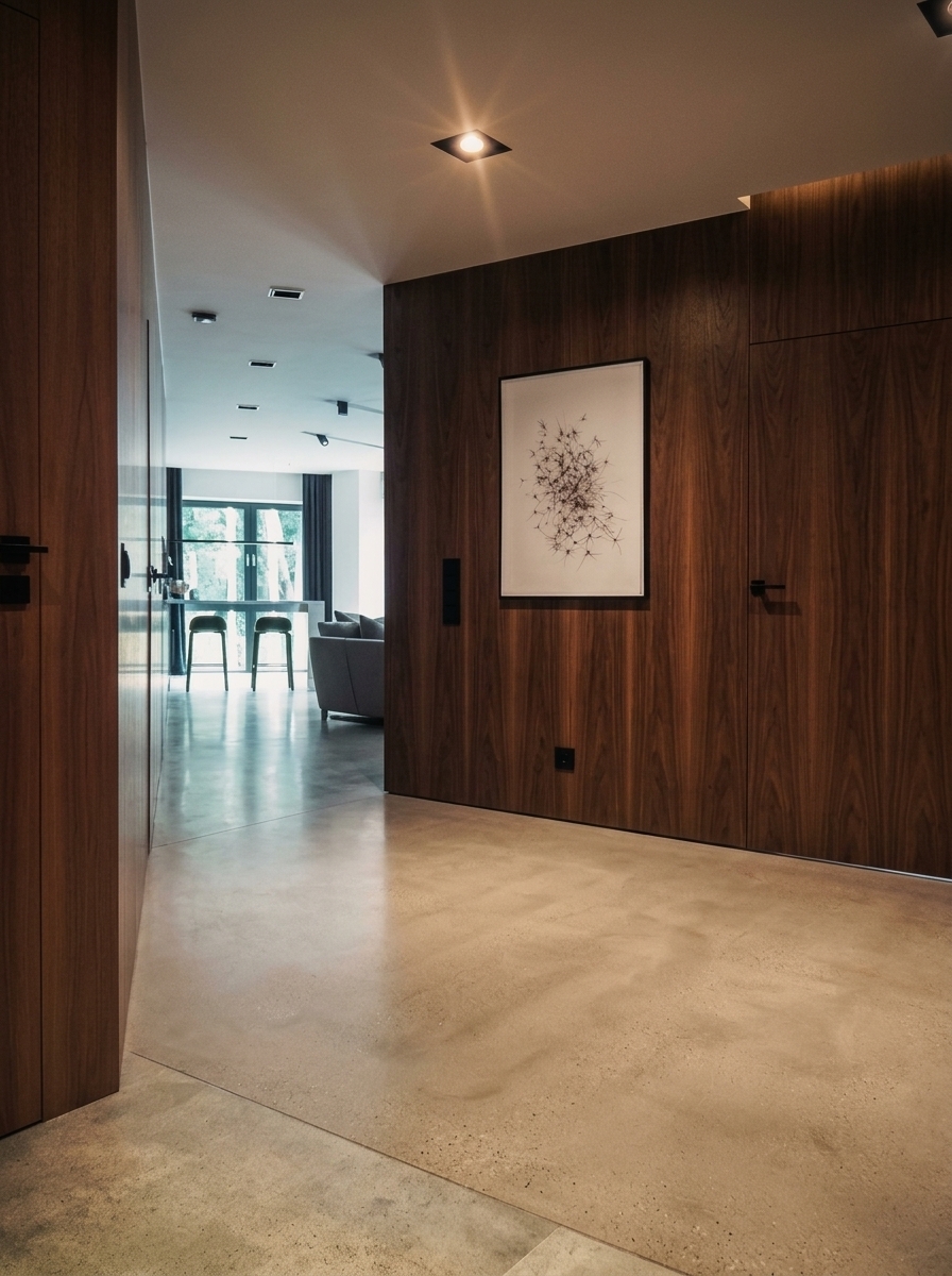 Photorealistic, high-end interior architectural photograph of the hallway and living space, perfectly preserving the exact camera position, framing, composition, and architectural geometry of the original image. Remove all logos, text overlays, and QR codes.
Floor: Replace the existing wooden floor with smooth, light warm-grey polished concrete featuring a refined satin sheen, subtle aggregate micro-texture, and soft, natural reflections while maintaining exact perspective and transitions.
Walls and Millwork: Finish the main feature wall, hidden doors, and wooden elements in premium dark American Black Walnut veneer. The walnut features rich chocolate and deep espresso tones, subtle warm undertones, authentic grain continuity, fine pore texture, and a soft matte-to-satin protective finish.
Lighting and Atmosphere: Maintain a moody, sophisticated, low-key ambiance. Controlled warm artificial lighting (2700–3000K) from ceiling fixtures softly grazes the walnut wall to reveal grain depth, balanced with diffused daylight entering from the background windows.
Photographic Realism: Capture with full-frame camera depth of field, physically accurate light-material interactions, natural tonal roll-off, subtle lens vignetting, and tactile, believable surfaces devoid of CGI or artificial smoothing effects.