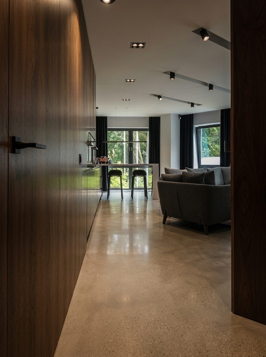 An ultra-photorealistic, editorial architectural photograph of the interior, maintaining the exact camera angle, framing, composition, architecture, and furniture layout of the original image, with refined materials and lighting:

- Floor: Replace the existing diagonal wood flooring with light warm-grey polished concrete. The finish should be a smooth, dense, mechanically polished satin sheen with visible fine aggregate, subtle mineral mottling, and soft, physically accurate blurred reflections (not glossy, wet, or mirror-like).
- Wall Cladding & Cabinetry: Refinish the expansive wooden wall and tall built-in kitchen cabinets on the left in architectural-grade dark American Black Walnut veneer (Juglans nigra). Features include book-matched vertical grain flow across panels and doors, natural pore texture, rich espresso and dark chocolate tones with warm undertones, and a low-sheen matte-to-satin clear coat.
- Atmosphere & Lighting: Dark-luxury, low-key moody ambiance. Soft natural daylight enters from the rear windows and patio doors, creating natural falloff and gentle highlights. Warm 2700–3000K directional ceiling spotlights softly graze the walnut panelling to reveal wood grain and surface depth. Maintain controlled, deep shadows without crushed blacks or artificial HDR.
- Details & Realism: Hyper-realistic material textures throughout, including tactile upholstery on the sofa, transparent glass, and soft ambient occlusion. Rendered with full-frame camera clarity, natural depth of field, organic micro-contrast, and subtle photographic grain. Remove all overlaid watermarks, logos, and QR codes.