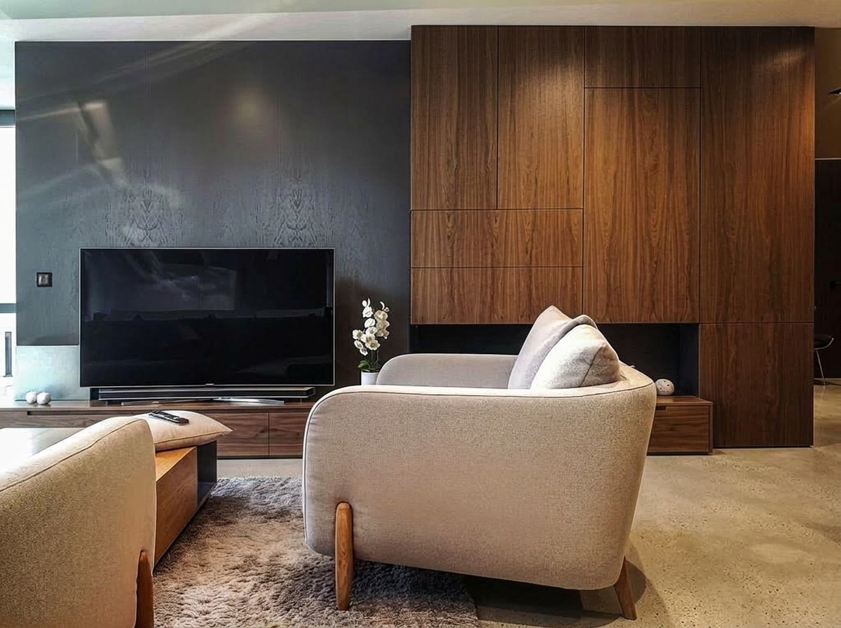 A realistic, high-end editorial architectural photograph of the interior, preserving the exact camera position, framing, furniture layout, and architectural composition. 

Modify the finishes as follows:
- Replace the light wood flooring with smooth, light warm-grey polished concrete featuring subtle aggregate, faint mottling, and a refined satin sheen with soft, physically accurate reflections.
- Replace the existing light oak cabinetry and wood paneling on the right wall and media unit with premium dark American Black Walnut veneer. The walnut must feature rich espresso and dark chocolate brown tones, continuous book-matched grain, authentic pore texture, and a soft matte-to-satin finish with no orange or yellow undertones.
- Retain the dark charcoal TV accent wall, the TV, the light grey upholstered armchairs, coffee table, and area rug with realistic fabric and material textures.
- Remove all watermarks, logos, and QR codes in the image.

Lighting and Atmosphere:
- Dark, moody, sophisticated luxury interior atmosphere with balanced exposure and rich, detailed shadows.
- Warm artificial lighting (2700–3000K) subtly grazing the walnut veneer and architectural edges, balanced with soft, diffuse daylight entering from the side.
- Photorealistic full-frame camera rendering with natural micro-contrast, realistic depth of field, authentic reflections, and tactile surface definition without any CGI, 3D-render, or artificial appearance.
