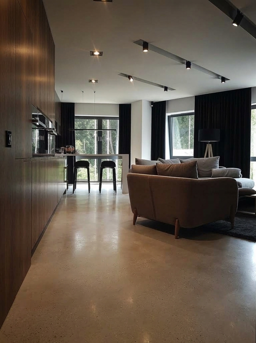 Ultra-photorealistic high-end interior architectural photograph of the room, matching the original camera angle, composition, perspective, and layout precisely. 

Make the following specific material updates:
- Floor: Replace the existing wood plank floor with light warm grey polished concrete. The finish should be a smooth, refined satin sheen with visible fine aggregate, subtle mottling, and soft, physically accurate reflections—not glossy or wet-looking.
- Cabinetry and Wood Panels: Update the tall wall-length kitchen cabinetry and built-in millwork on the left to premium dark American Black Walnut veneer. The finish should have a rich chocolate to deep espresso-brown tone with natural warm undertones, an elegant straight and cathedral grain flow, fine open pores, and a 5–10 GU matte-to-satin lacquer finish.

Preserve completely:
- Exact camera position, focal length, height, framing, and crop.
- The furniture arrangement including the armchair, sofa, dark area rug, island stools, and floor lamp.
- Architectural layout, window placement, black drapery, ceiling geometry, and track lighting fixtures.
- Exterior view through the windows.

Lighting and Atmosphere:
- Maintain a moody, refined, dark-luxury editorial mood with balanced, low-key lighting.
- Retain soft natural daylight entering from the windows alongside warm, directional ceiling spotlights (2700–3000K) softly grazing the walnut cabinets and concrete floor.
- Ensure natural depth of field, authentic surface micro-textures, physical light falloff, and realistic shadow detail, eliminating any artificial CGI or 3D-render appearance.