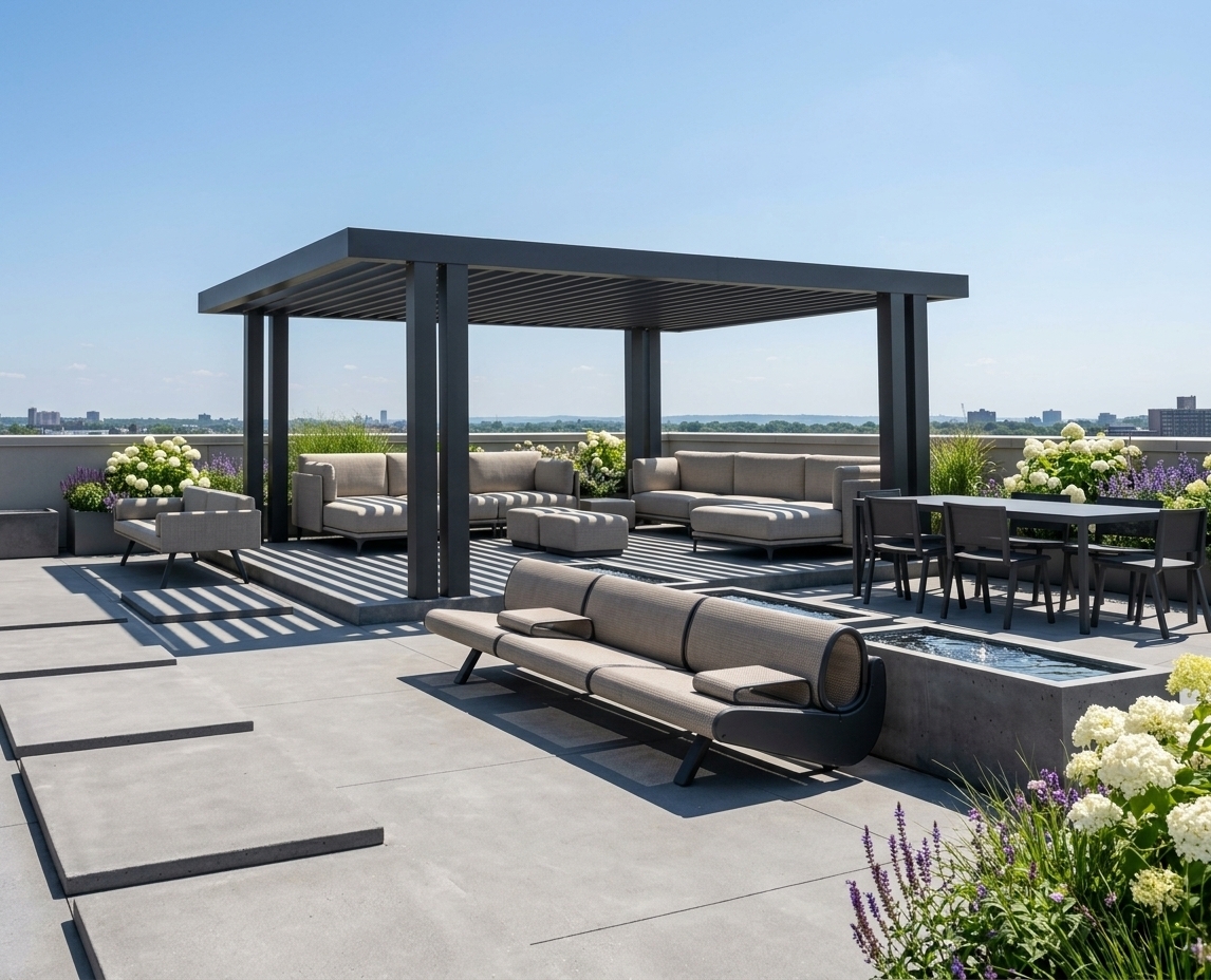 An incredibly lifelike, richly detailed, photorealistic wide-angle landscape shot of a luxurious outdoor rooftop terrace set on the breezy crown of a five-storey contemporary building. The scene is illuminated by brilliant, direct midday summer sunlight filtering through a sleek louvered pergola to cast crisp, architectural shadows, creating a serene, sun-soaked minimalist haven atmosphere. Captured with a high-end full-frame camera and a 24mm tilt-shift architectural lens, emphasizing smooth poured-concrete pavers, powder-coated charcoal metal finishes, and tailored neutral-toned fabric upholstery. Integrated into the foreground opening, a sleek rectangular concrete basin features a modern bubbling water fountain whose gentle ripples shimmer in the daylight, flanked by overflowing planters bursting with vibrant summer flowers, white hydrangeas, purple salvia, and lush ornamental grasses. Under the pergola’s sheltered deck, expansive deep-seated modular lounge sofas and ottomans invite relaxed entertaining, alongside a sophisticated outdoor dining table with slim-profile chairs, all overlooking a panoramic open-air horizon above the city.