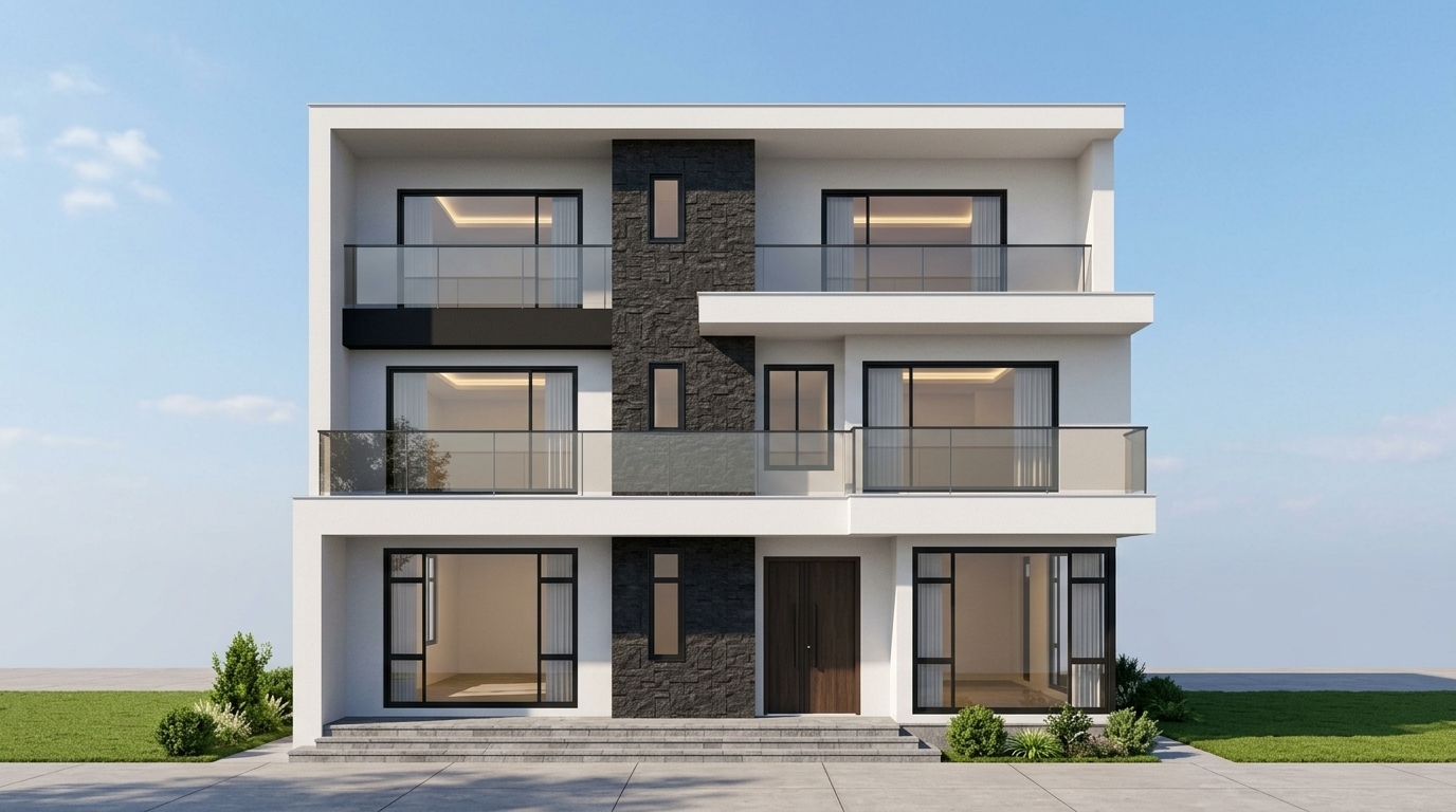 Photorealistic architectural render of this modern three-story house, maintaining the exact building geometry and front perspective. Apply realistic materials: smooth white exterior stucco, dark charcoal textured stone cladding on the central vertical pillar, and black-framed windows with transparent, reflective glass. Add semi-transparent tinted glass railings, subtle warm interior lighting, realistic sunlight casting natural shadows, a paved ground with neat lawn landscaping, and a soft blue sky.