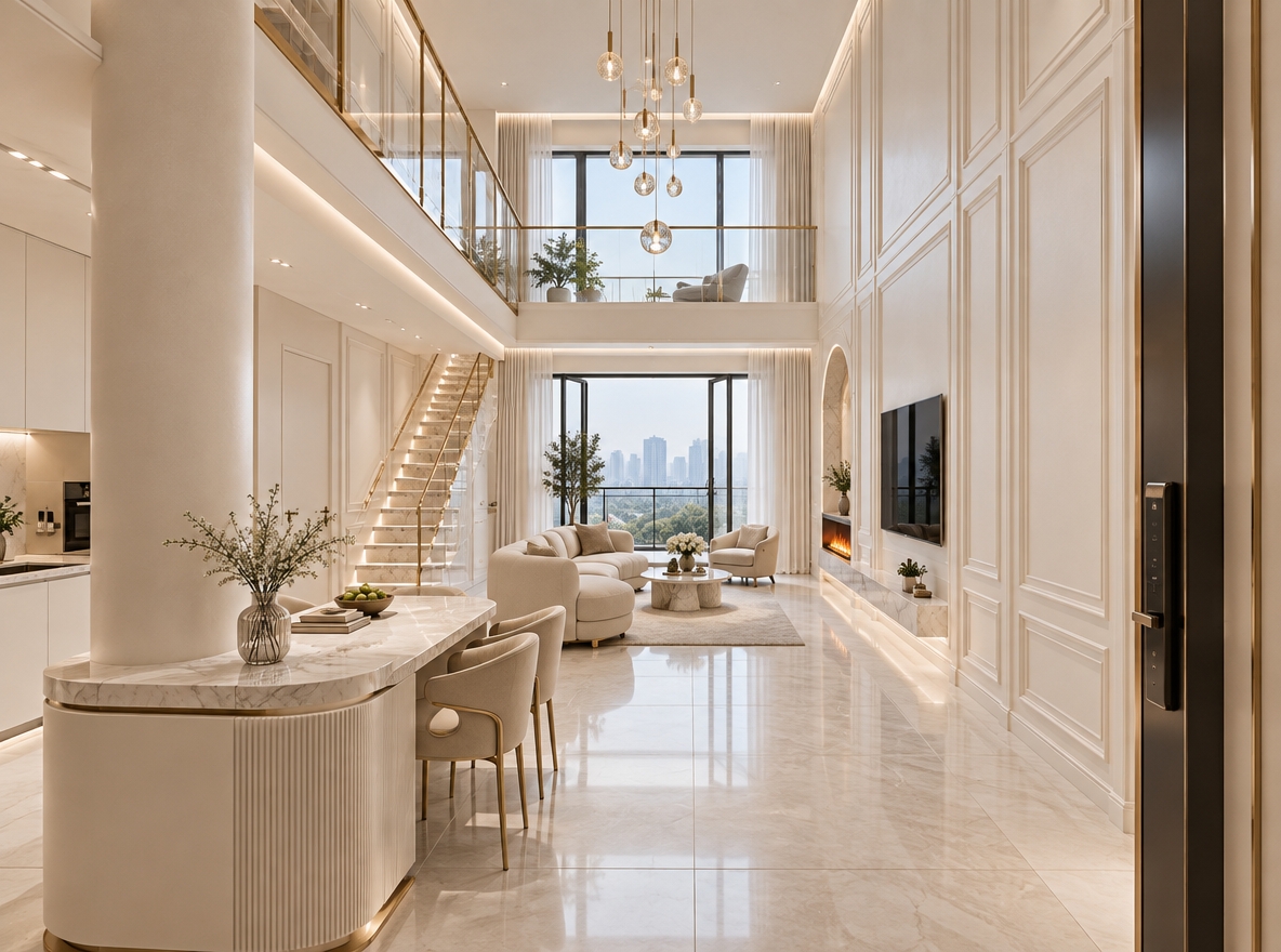 A high-end 3D architectural interior rendering of a luxury French Modern Ivory White style duplex penthouse, precisely based on the uploaded floor plan layout. Main entrance leading into a 4-meter wide, 9-meter deep long living hall with a 5.8-meter double-height high ceiling. At the far end of the hall on the ground level, the space extends seamlessly out to a balcony with tall glass folding doors. Above the balcony end, a second-floor terrace structure is clearly visible and preserved as a loft balcony overlooking the space. On the right wall, delicate classic French double-frame plaster moldings (wainscoting) in uniform ivory white paint, with a TV mounted at eye-level. Near the balcony end on the right wall, the structural corner wall is shaped into an elegant architectural arch with an integrated 3D water vapor mist fireplace glowing with realistic cool orange flame at its base. On the left side, the quiet zone is neatly split into two stories of bedrooms (lower level 2.85m, upper level 2.75m) with seamless ivory white flush invisible doors. A modern floating staircase made of white marble steps with champagne gold metallic trim climbs upward along the mid-left wall. On the upper left side, a stunning suspended white-and-gold glass-front catwalk corridor with a thin champagne gold railing stretches linearly forward towards the upper-level balcony. In the foreground on the left, near the entrance, a large rounded structural pillar is smoothly integrated into a beautiful white quartz kitchen island connected to a dining table. Cohesive ivory white and cream color palette, soft 3000K ambient linear lights combined with bright 4000K natural daylight from the tall windows, ultra-realistic, photorealistic interior photography.