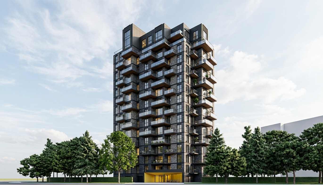 A crisp architectural photograph capturing the modern high-rise residential building from the exact upward perspective and composition of the original render under bright daylight. The facade features tactile dark charcoal brick and multi-toned architectural concrete panels paired with sleek dark window frames and clean glass balcony railings displaying realistic reflections and refractions. Scattered potted flowers and subtle figures of residents occupy select balconies, while warm ambient light glows gently from various apartment interiors and the bright yellow entryway. The surrounding schematic foliage translates into lush, photorealistic pine and deciduous trees with natural organic variation under a clear sky, rendered with sharp architectural lens fidelity, balanced natural contrast, and subtle surface micro-textures.